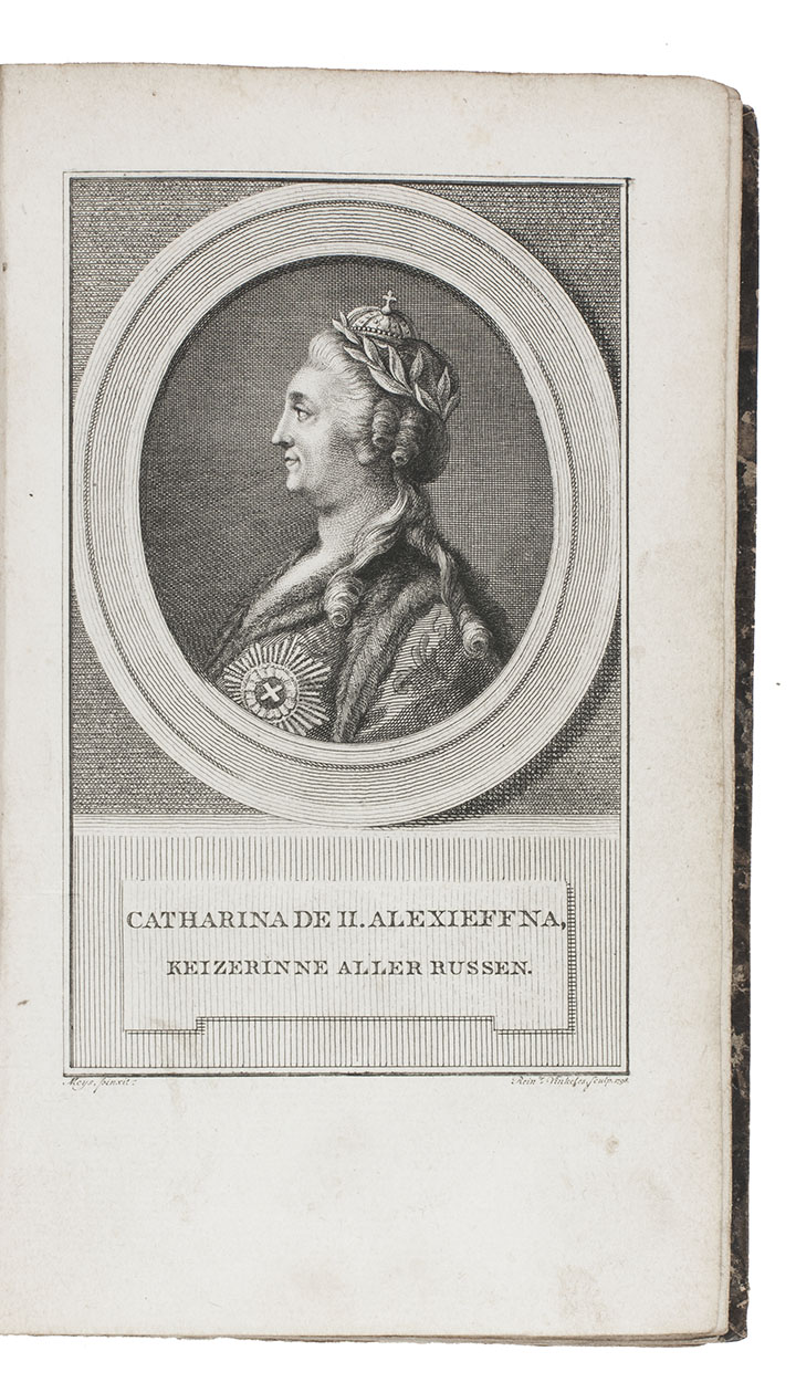 [CASTRA, Jean Henri]. - Het leven van Catharina II, keizerin van Rusland. Amsterdam, Johannes Allart, 1798. 8vo. 3 volumes. With 6 engraved portraits by Reinier Vinkeles. Contemporary marbled boards.