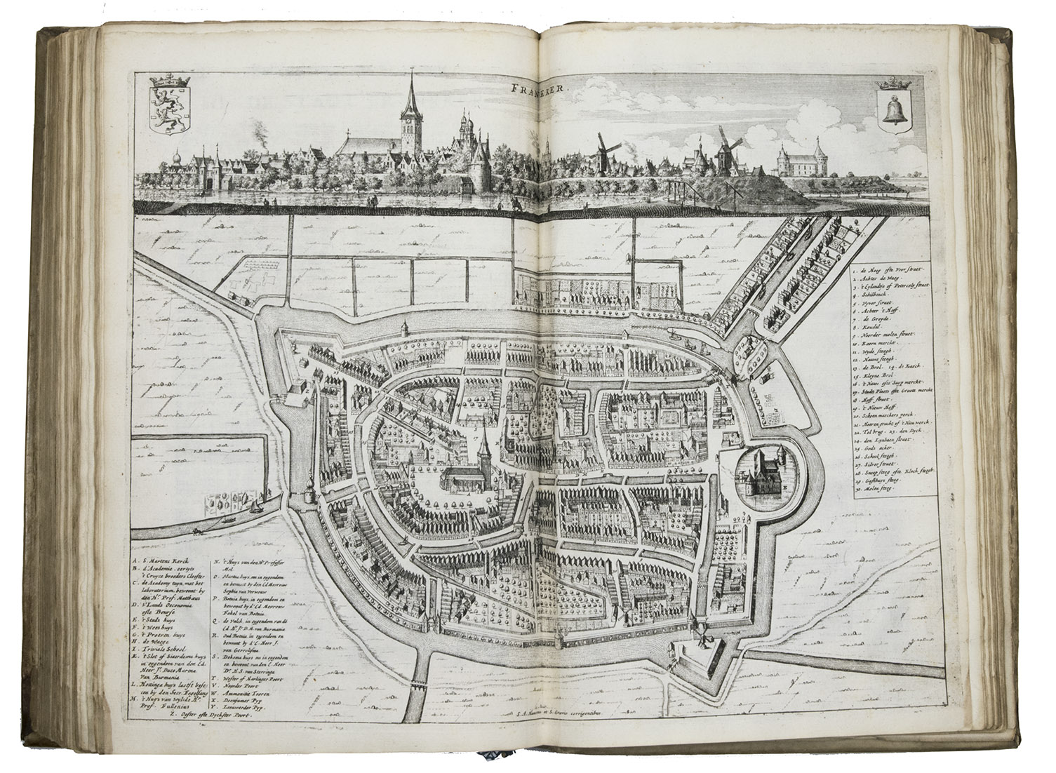 [SCHOTANUS, Christiaan]. - Beschryvinge van de heerlyckheydt van Frieslandt tusschen 't Flie end de Lauwers. [Franeker], Johannes Wellens, [1664]. Folio. With engraved title-page, full-page engraved coat of arms of the province of Friesland, and 46 engraved maps and plans (4 large folding maps, 31 double-page maps and 11 double-page city plans) by Jacob van Meurs after Bernardus Schotanus  Sterringa. Contemporary blind-tooled vellum.
