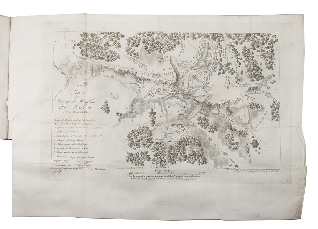 LABAUME, Eugene. - Relao completa da campanha da Russia em 1812.Lisbon, widow of Neves and sons, 1818. 2 volumes bound as 1. 4to. With 2 folding engraved plates (ca. 26 x 41 and 24 x 33.5 cm). Contemporary tree calf, gold-tooled spine.