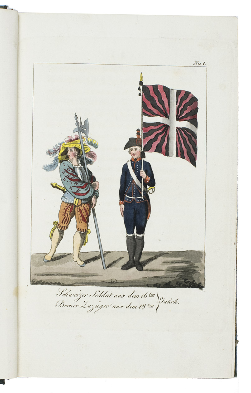 [REICHARD, Heinrich August O.]. - Malerische Reise durch einen groen Theil der Schweiz vor und nach der Revolution. Jena, H.W.Ch. Seidler, 1805. 8vo. With engraved frontispiece with 4 medallion portraits, engraved title-page with the title on a rock in an alpine scene, 54 numbered engraved plates (1 folding) and 2 folding leaves with built-up letterpress music. With the 4 costume plates hand-coloured. Later 19th-century half cloth.