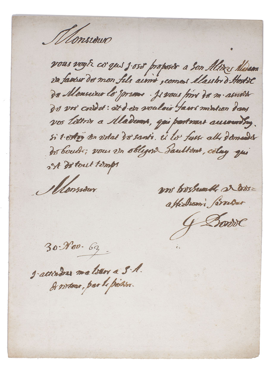 [AUTOGRAPH]. BOREEL, G. - [Autograph letter, signed, to ''Monsieur''].