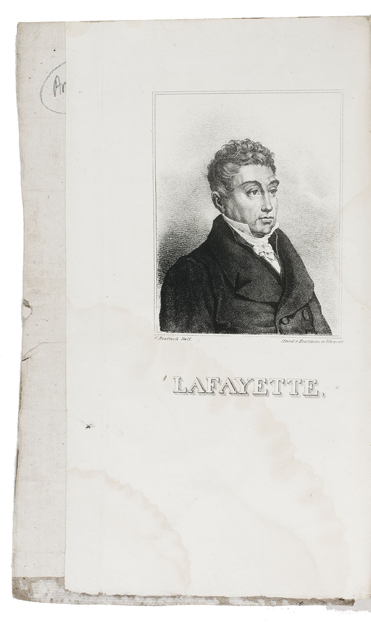LEVASSEUR, Auguste. - Reis door de Vereenigde Staten van Noord-Amerika in de jaren 1824 en 1825 door den generaal Lafayette.Zutphen, W.J. Thieme, 1831. 2 volumes. 8vo. With lithographed portrait of Lafayette for frontispiece to volume 1. Contemporary boards with pasted title-label on spine, uncut.