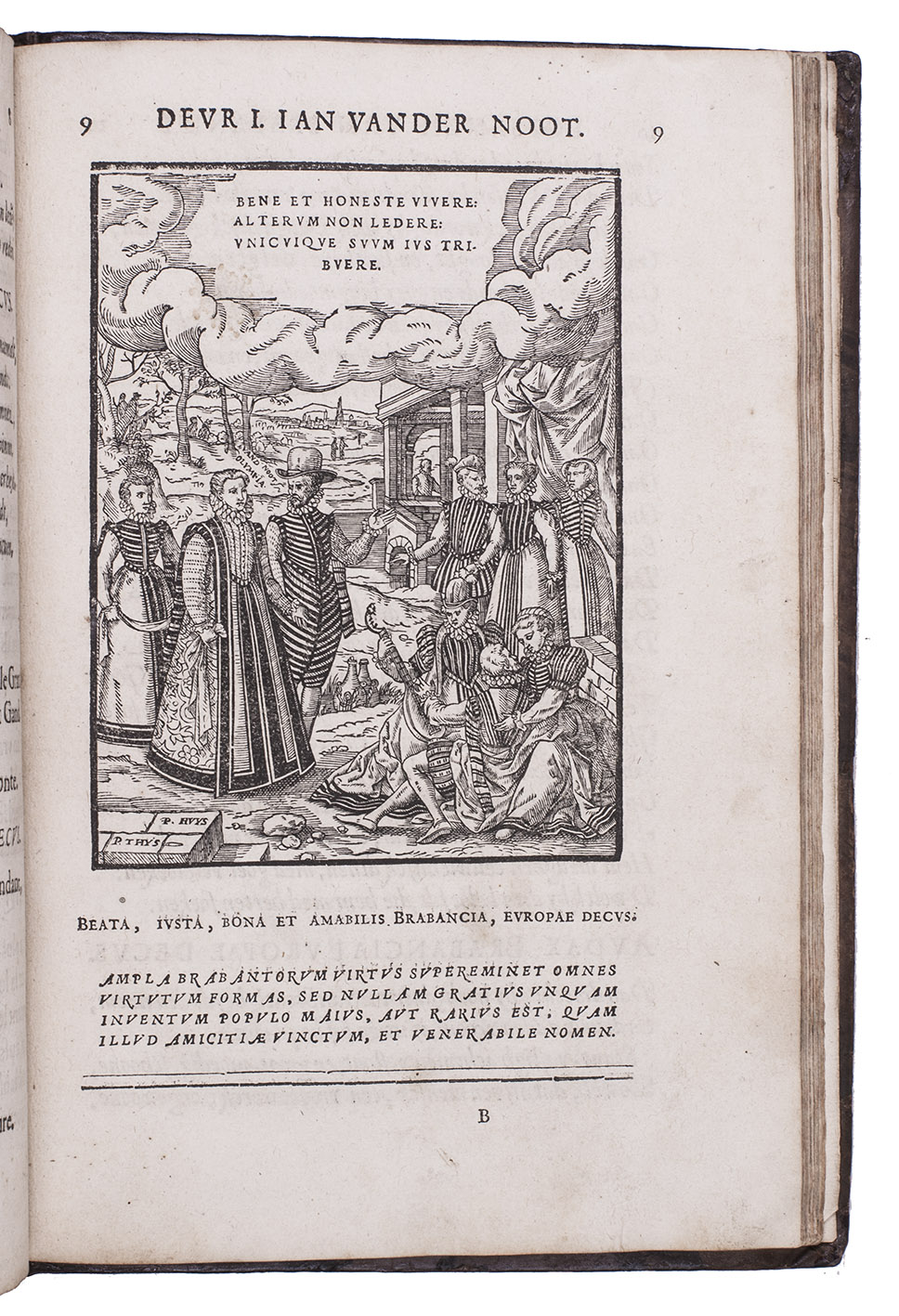 NOOT, Jan van der. - Cort begryp der XII. boeken Olympiados. ... Abregé des douze livres Olympiades.Antwerp, Gillis van den Rade, 1579. With 1 engraved plate (portrait of the author), 17 full-page engravings (ca. 16 x 11.5 cm.) by Dirk Volkertsz. Coornhert after designs of the monogrammist CVSK and a full-page woodcut of an obelisk at the end, signed with the monogram