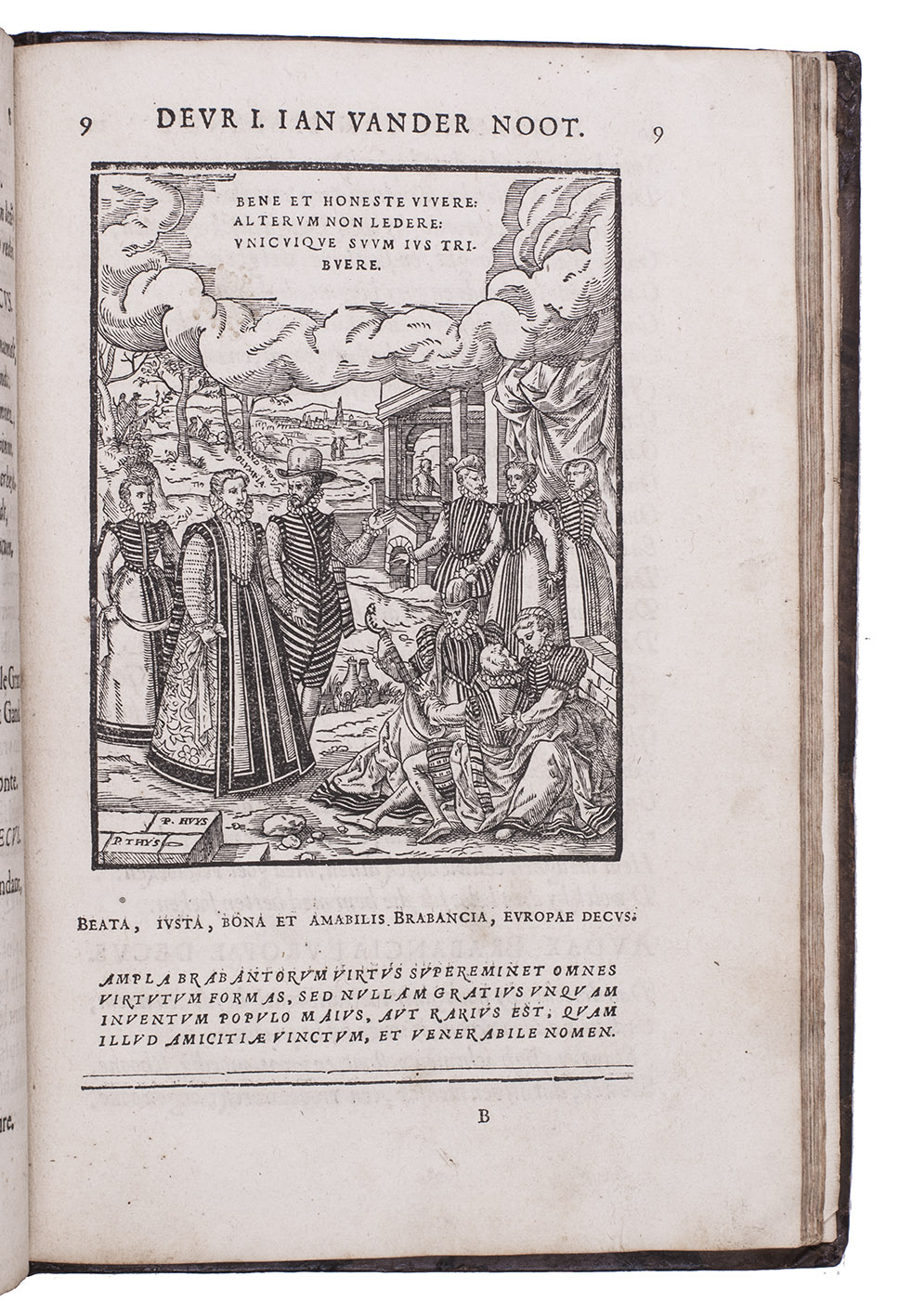 NOOT, Jan van der. - Cort begryp der XII. boeken Olympiados. ... Abreg des douze livres Olympiades.Antwerp, Gillis van den Rade, 1579. With 1 engraved plate (portrait of the author), 17 full-page engravings (ca. 16 x 11.5 cm.) by Dirk Volkertsz. Coornhert after designs of the monogrammist CVSK and a full-page woodcut of an obelisk at the end, signed with the monogram 