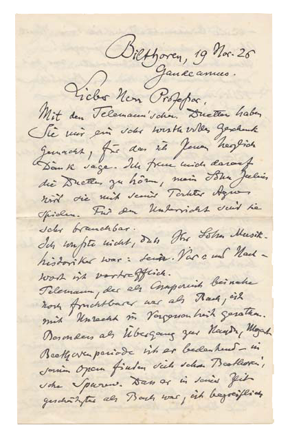 [AUTOGRAPH]. RNTGEN, Julius. - [Autograph letter, signed, to Max Seiffert(?)].Bilthoven (the house 'Gaudeamus'), 19 November 1926. Doubleleaf (21.5 x 13.5 cm). In German.