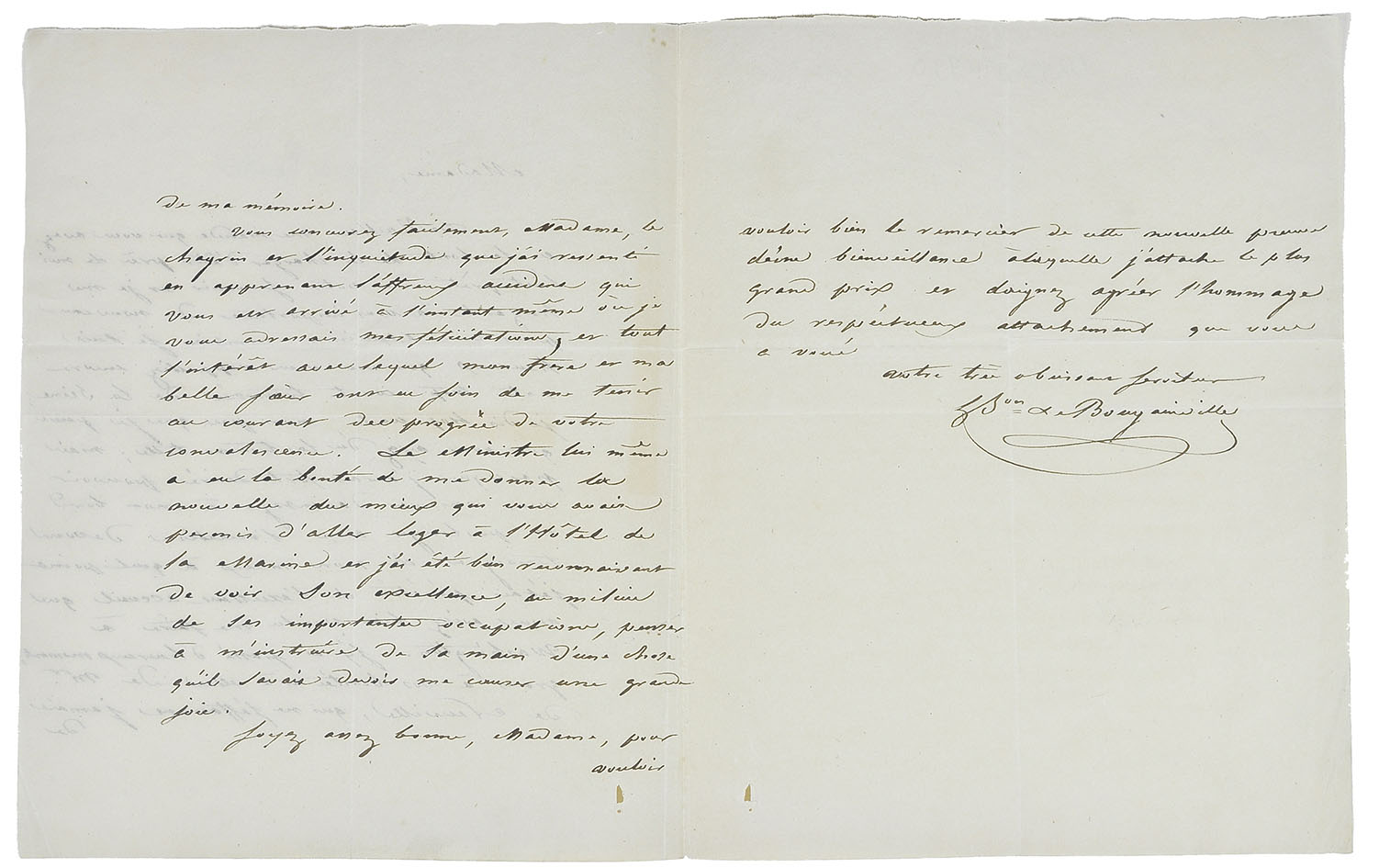 [AUTOGRAPH]. BOUGAINVILLE, Hyacinthe-Yves-Philippe Potentien, Baron de. - [Autograph letter, signed, to Baroness Hyde de Neuville (Anne Marguerite Henriette de Marigny Hyde de Neuville)].[Brest?, ca. 1820/22]. Folded leaf (20.6 x 16.5 cm). In French. 2 1/2 pp. text.
