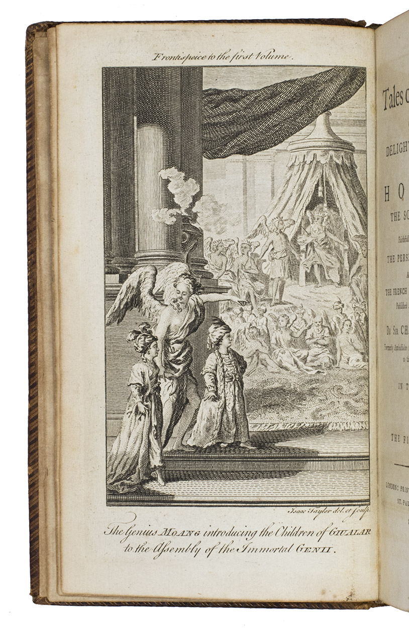 MORELL, Charles (pseudonym of James Kenneth RIDLEY). - The tales of the Genii; or the delightful lessons of Horam, the son of Asmar.London, printed for G. and T. Wilkie, 1786. 2 volumes. 12mo. With 2 letterpress title-pages and 14 engraved plates (including the 2 frontispieces) illustrating the various tales. Near contemporary, uniform calf (ca. 1800?), gold-tooled smooth spines in 6 fields, with a green (title) and red (volume) label in the 2nd and 4th fields, gold-tooled board edges, blind-tooled turn-ins.