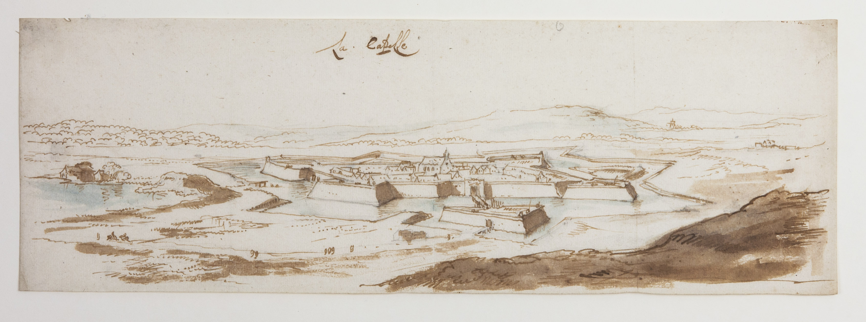 [LA CAPELLE]. - La Capelle. [France(?), ca. 1690]. Pen and brown ink drawing, with blue washes on paper (10 x 30 cm) with title at the head.