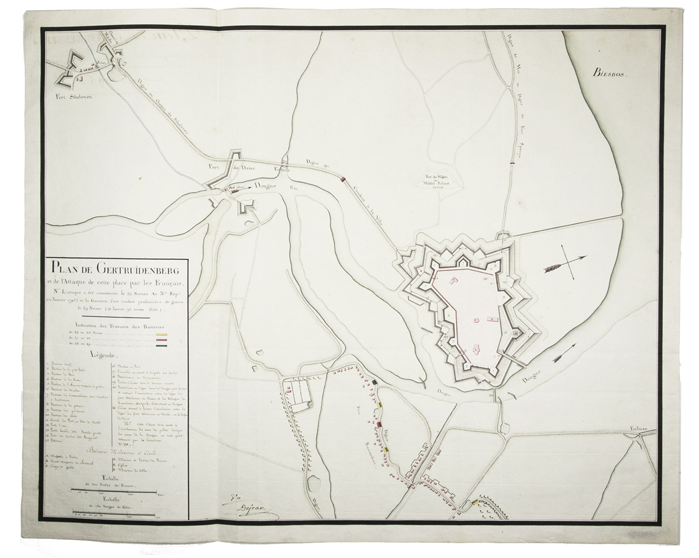 DEJEAN, Jean-Franois-Aim. - Plan de Gertruidenberg et de l'attaque de cette place par les Franais. N. L'attaque a t commence le 22 nivose an 3me. Rp. (11 janvier 1795) et la garnison s'est rendue prisonnire de guerre le 29 nivose (18 janvier 95 vieux stile).[Netherlands, ca. 1800]. Manuscript fortification plan (49 x 61.6 cm) on paper in ink and green and red watercolour. With large frame in the bottom left with keys to important locations, including the locations of the troops during the attack. Signed 