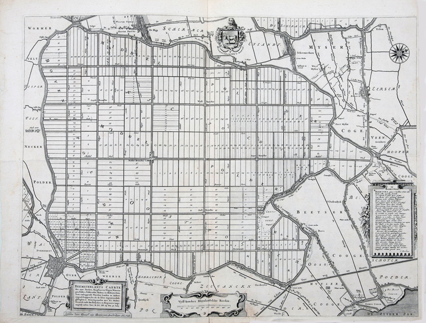 [MAP - NETHERLANDS - BEEMSTER]. FLORISZ. VAN BERCKENRODE, Balthasar and Daniel van BREEN. - Beemsterlants caerte... [with a second title at the head:] Ware afbeeldinge vande bedyckte Beemster-landen... M.DC.XLIIII.Amsterdam, 1644 [reprinted ca. 1769?]. And:(2) [FLORISZ. VAN BERCKENRODE, Balthasar] and Daniel van BREEN. Beemsterlants caerteAmsterdam, 1658. Engraved map (43.5 x 58 cm). (3) [MAP - NETHERLANDS - BEEMSTER]. Beemster landts kaarte, aenwijsende de hoogte vande ringhdyck. Als mede de diepte vande tocht & wech slooten.[Amsterdam(?), ca. 1696]. (4-5) DORLAND, C. [2 maps of the Beemster].Amsterdam, Tresling & Co., March 1908.(6) [MAP - NETHERLANDS - BEEMSTER]. Waterschap de Beemster.February 1970, updated to 1979. Large map (64 x 50 cm).Collection of 6 maps (the first in 6 sheets). Engraved map in 6 sheets (each 56 x 44 cm). With the main title in a large cartouche at right, the statement about its production and a scale of Rijnland rods in a pedestal at the foot, a Latin verse in praise of the Beemster polder by Caspar van Baerle at lower right, a compass rose at upper right, and the arms of Beemster at the head. Bound in modern cloth (57.5 x 47 cm).
