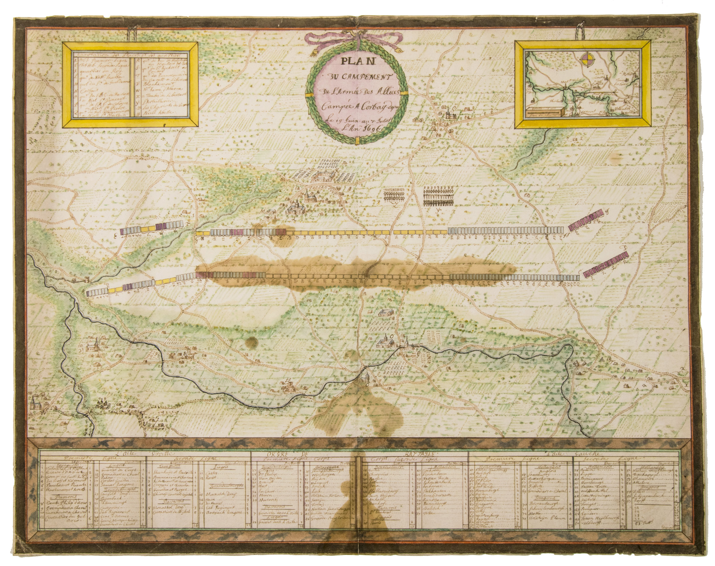 [MAP - MILITARY - LOW COUNTRIES - KORBEEK]. - Plan du campement de l'arme des alliees campe a Corbay depuis le 19 Juin au 7 Juliet l'an 1696.[Belgium?, ca. 1696]. Manuscript plan on paper (38 x 48 cm) in ink and bright watercolour. With the title in a wreath at the head, a large panel at the foot with keys identifying the camps of the various troops, and two smaller panels at the head, with keys to the villages and other locations, and a general overview map.
