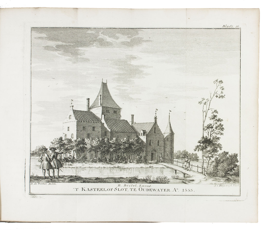[KINSCHOT, Gaspar Rudolph van]. - Beschryving der stad Oudewater; waarin aangetoont word der zelver herkomst uit het Uitrechtsche Bisdom, overgang tot de Graaflykheid van Holland en haare gemaakte onafscheidbaarheid van de zelve, ...Including:-Handvesten, privilegien, octroyen, placaaten en ordonnantien; mitsgaders keuren, giften, resolutien, en andere voorname stukken, de stad Oudewater betreffende.-Oude en nieuwe keuren der stad Oudewater.-Ordonnantie en instructie, voor schepenen commissarissen der stede Oudewater, ... Delft, Reinier Boitet, 1747. 4to. With title in red and black with engraved vignette with the arms of Oudewater supported by lions, in a decorative cartouche with vines, full-page engraved dedication to the 4 burgomasters and governors of Delft, including the author's father (with their arms and the crowned arms of Oudewater, Delft and Alkmaar), 2 engraved maps and 5 views of Oudewater (all folding), 2 engraved numismatic illustrations in text. Contemporary vellum.