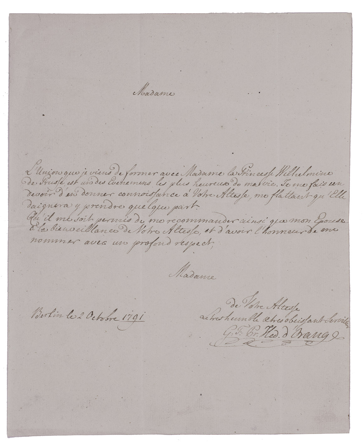WILLEM FREDERIK of Orange. - [Autograph letter, signed, to Frederica Louisa of Hesse-Darmstadt].Berlin, 2 October 1791. 4to (23 x 18.5 cm). Autograph letter in French, in ink on laid paper, signed and dated.