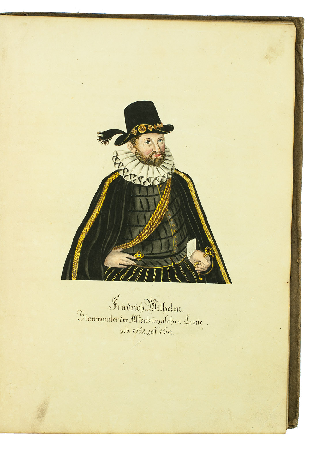 THMMEL, Hans Wilhelm von. - Historische, statistische, geographische und topographische Beitrge zur kenntniss des herzogthums Altenburg. Altenburg, 1818. Folio. With 38 hand-coloured engraved portraits (a few with signatures of the subjects), 1 uncoloured engraved portrait, engraved map of the area by L. Michaelis after A. Krehan, small engraved map in text showing the districts Paditz and Kotteritz, and 1 engraved text. Contemporary boards.