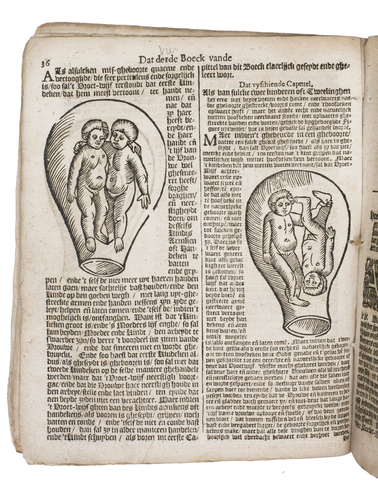 RFF (RUEFF), Jacob. - 't Boeck vande vroet-wijfs.Amsterdam, Broer Jansz., 1633. 4to. With woodcut illustration on title-page and 35 woodcut illustrations in text, several full-page. Contemporary vellum.