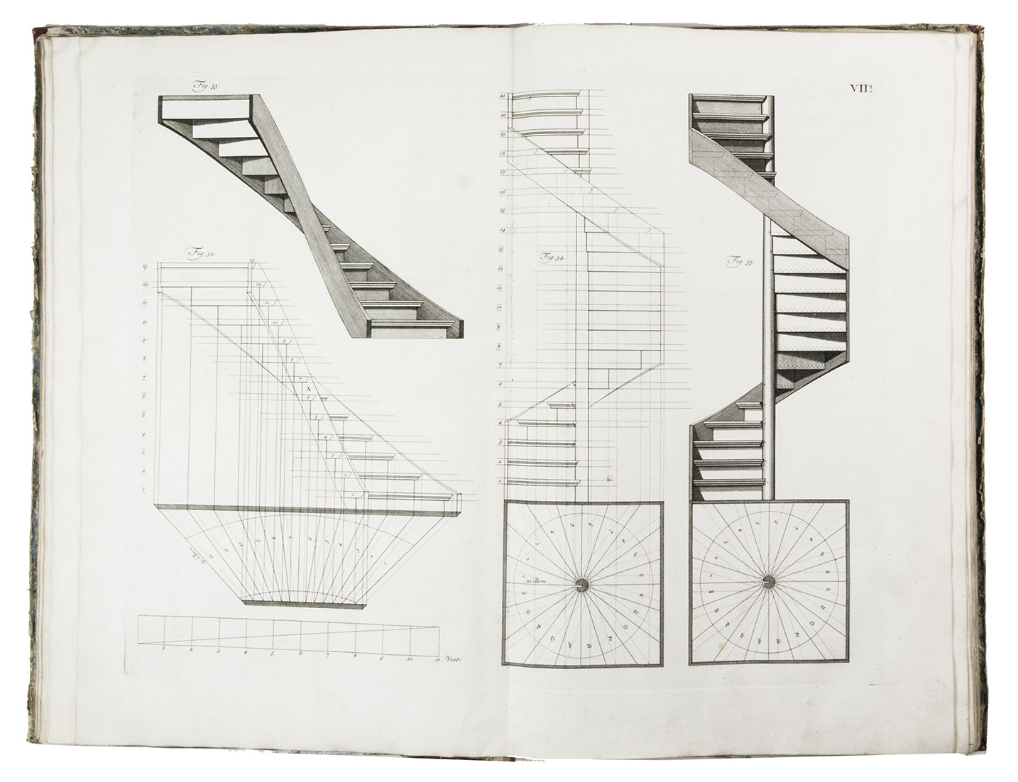 HORST, Tieleman van der. - Theatrum machinarum universale; of nieuwe algemeene bouwkunde, waar in  werd voorgestelt en geleerdt het maaken van veelerley soorten van trappen.Amsterdam, Petrus Schenk, 1739. With engraved half-title, engraved title-page (with engraved device), engraved dedication and 30 double-page engraved plates by Jan Schenk. With: (2) HORST, Tieleman van der. Theatrum machinarum universale; of nieuwe algemeene bouw-kunde; ...Amsterdam, Petrus Schenk, 1739. With woodcut vignette on title-page. 2 volumes: Folio (plates) and 4to (text). Contemporary red half roan.