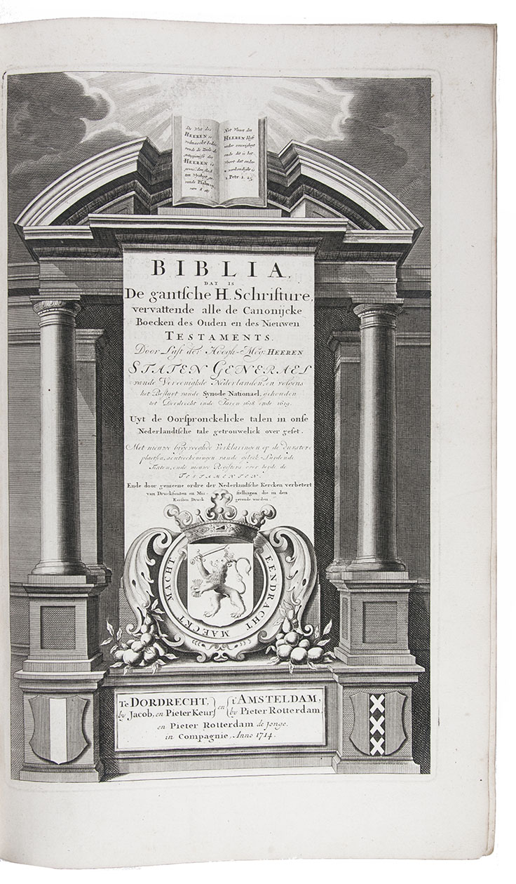 [BIBLE - DUTCH - KEUR]. - Biblia, dat is De gantsche H. Schrifture vervattende alle de canonijcke boecken des Ouden en des Nieuwen Testaments.Dordrecht, Jacob and Pieter Keur; Amsterdam, Pieter Rotterdam and Pieter Rotterdam the younger (colophon: printed by Jacob and Pieter Keur, Dordrecht), 1714 (New Testament without Pieter Rotterdam the younger, 1713). 3 parts in 2 volumes. Large folio (42.527.5 cm). With engraved general title-page, series of 6 engraved double-page folding maps by Danil Stoopendaal (his larger set), a complete set of 184 full-page and 28 double-page engraved illustration plates by various artists, including A. de Blois, J. van Vianen and J. Mulder, after G. Hoet, B. Picart, A. Houbraken and others. Gold-tooled sprinkled calf (1738?).