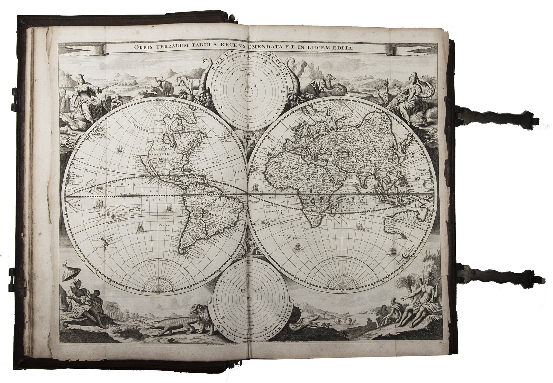 [BIBLE  DUTCH - KEUR]. - Biblia, dat is De gantsche H. Schrifture vervattende alle de canonijcke boecken des Ouden en des Nieuwen Testaments.Dordrecht, Jacob and Pieter Keur; Amsterdam, Pieter Rotterdam and Pieter Rotterdam the younger (colophon: printed by Jacob and Pieter Keur, Dordrecht), 1714 (New Testament without Pieter Rotterdam the younger, 1713). 3 parts in 1 volume. Large folio (42.5 x 27.5 cm). With engraved general title-page, letterpress title-pages for the New Testament and Apocrypha (and half-title for the Prophets), a series of 6 engraved double-page folding maps by Danil Stoopendaal (his larger set) and a series of 24 (of 25) engrave plates, with 6 engraved Biblical scenes each, by Dirk Jonkman. Contemporary blind-tooled calf over wooden boards, with brass clasps, anchor and catch plates, and corner pieces.