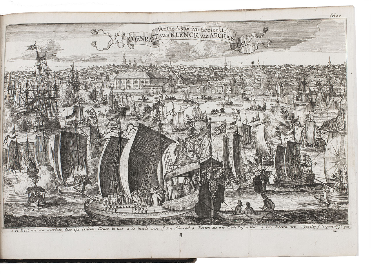 [COYETT, Balthasar]. - Historisch verhael, of beschryving van de voyagie, gedaen onder de suite van den heere Koenraad van Klenk, extraordinaris ambassadeur ... aan zijne zaarsche majesteyt van Moscovien.Amsterdam, Jan Claesz ten Hoorn, 1677. 4to. With etched frontispiece and 6 etched folding plates by Romeyn de Hooghe. 19th-century boards.