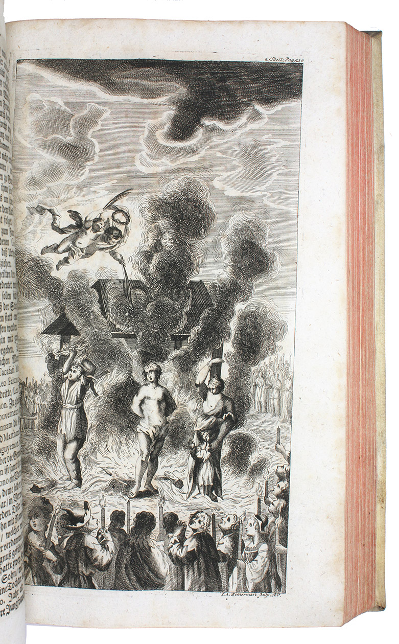 CRASSET, Jean. - Aufhrliche Geschicht der in den ussersten Welt-Theil gelegenen japonesischen Kirch, ...Augsburg, Franz Anton Ilger (printed by Anton Maximilian Heiss), 1738. 2 parts in 1 volume. Folio. With title-page printed in red and black, and 9 etched plates by Joseph Anton Zimmermann; woodcut head- and tailpieces.  Contemporary blind-tooled pigskin over wooden boards.