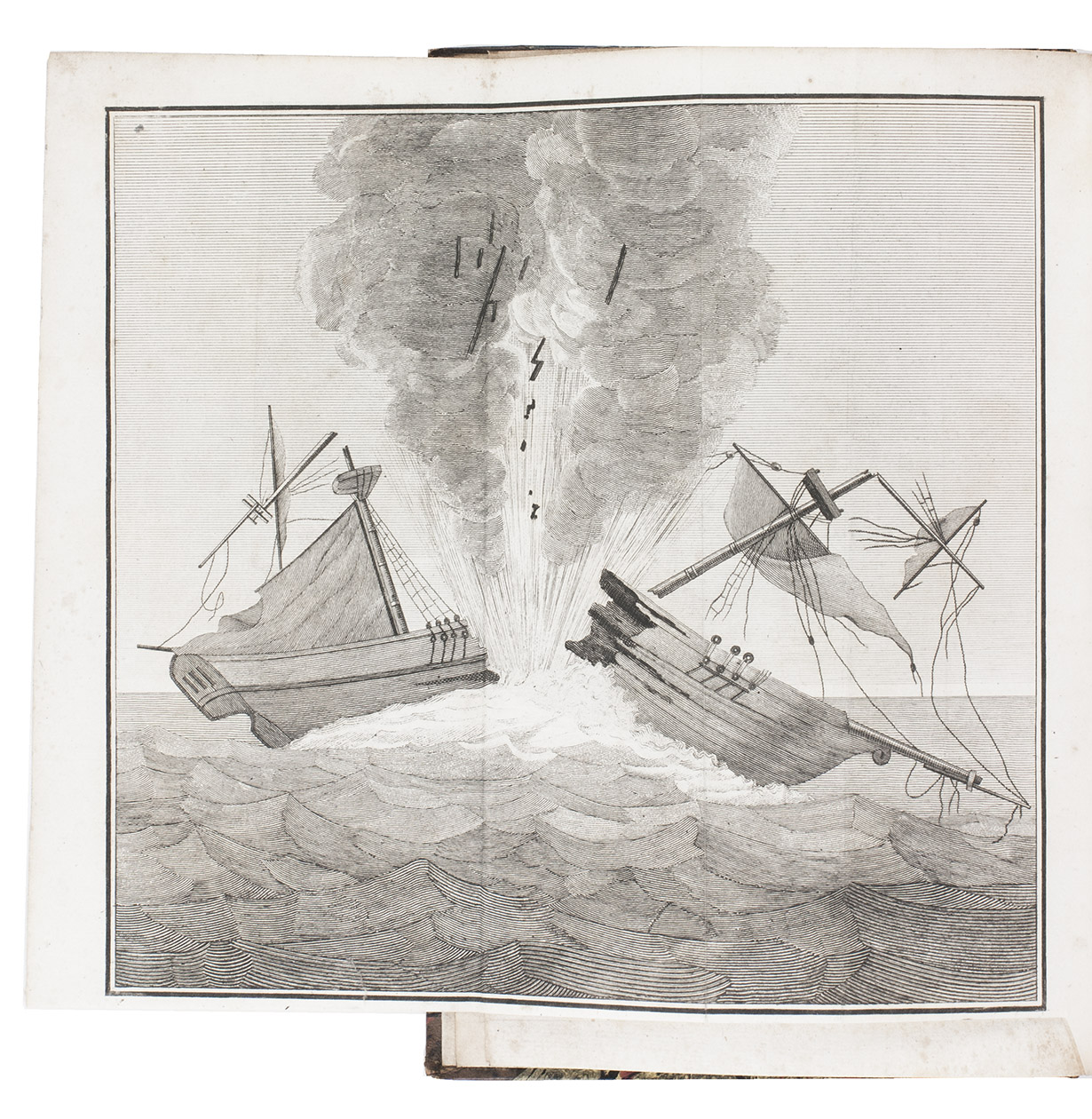 MONTGRY, Jacques-Philippe Mrigon de. - Mmoire sur les mines flottantes et les petards flottans, ou machines infernales maritimes. Paris, Bachlier, libraire pour la marine (printed by De Fain), 1819. 8vo. With a finely engraved folding copperplate of a ship being blown up by a mine (16.5 x 17.5 cm). Lacking the half-title and the final leaf with the publisher's list of books, but with the folding plate, often lacking. Contemporary half tree calf, stormont marbled sides.