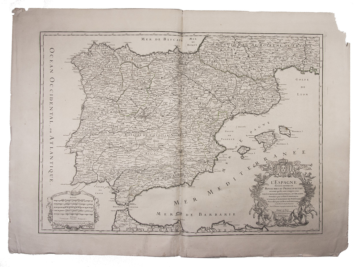 [MAP - SPAIN & PORTUGAL]. SANSON, Nicolas. - l'Espagne divise en tous ses royaumes et principauts suivant qu'ils sont compris sous les Couronnes de Castille et d'Aragon, possedees par le Roy Catholique et sous la couronne de Portugal possedee par le Roy de Portugal. Paris, Hubert Jaillot, [1708]. Engraved map on 2 assembled sheets (55.5 x 78 cm), engraved by Cordier. With title in decorated cartouche on the bottom right corner, scales and privilege in decorated cartouche on the bottom left corner, and a few lines coloured in green.