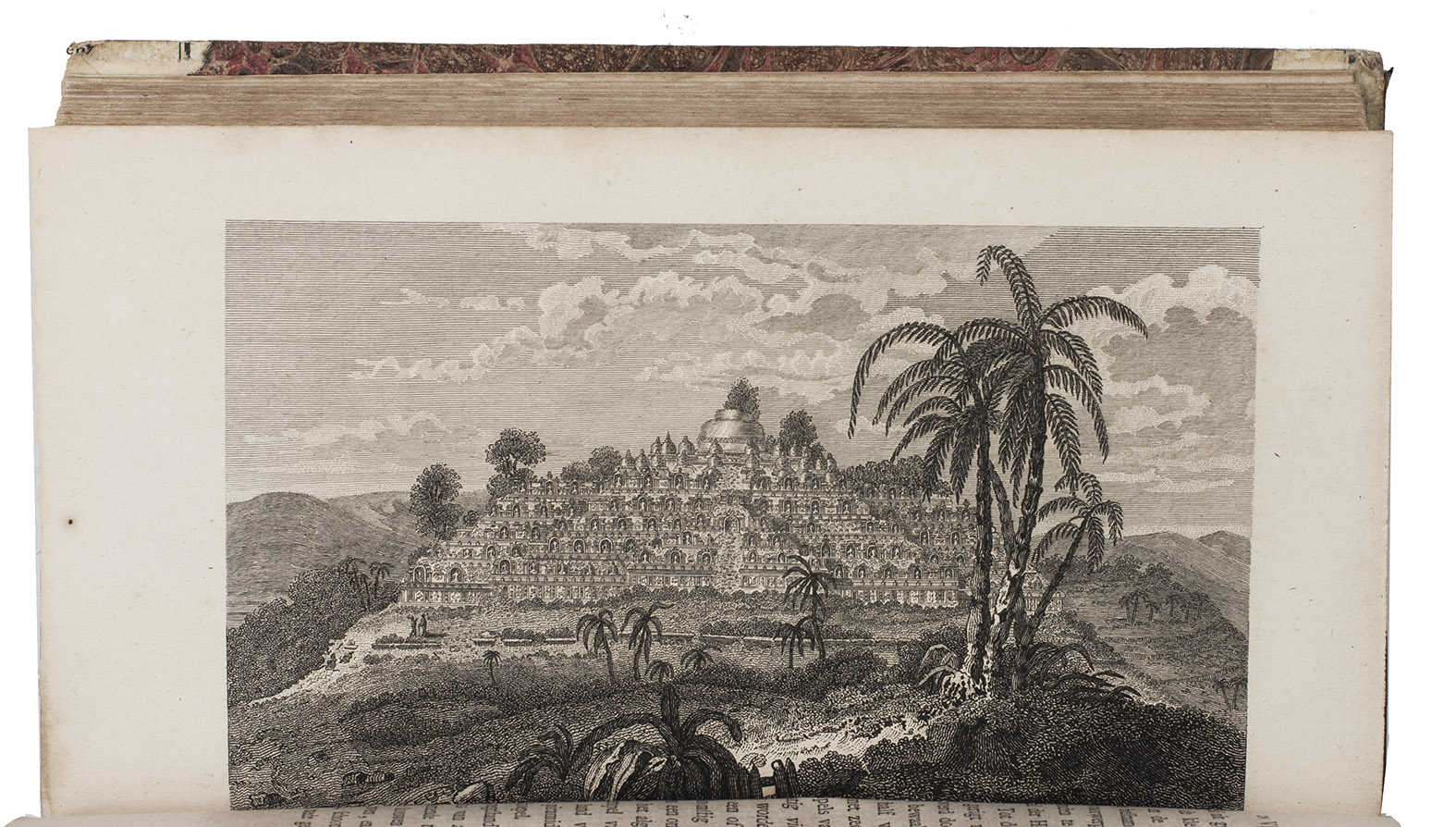 CRAWFURD, John. - De Indische Archipel, in het bijzonder het eiland Java.Haarlem, widow A. Loosjes (colophon: Amsterdam, printed by H. Bakels), 1823-1825. 3 volumes. 8vo. With 3 line-etched frontispieces, 3 full-page plates (2 line-etched, 1 hand-coloured aquatint with line etching), and a folding map (44 x 55.5 cm), hand-coloured in outline. Contemporary mottled half calf, gold-tooled spine.