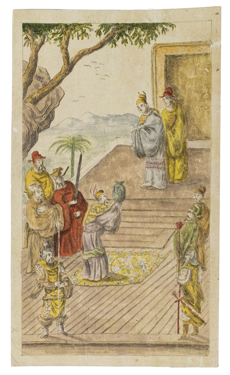 [DRAWING - CHINA - JAPAN]. - [A series of 8 Chinese drawings plus a watercolour drawing and a woodblock print].[China, the main series ca. 1660/75?]. A series of 8 Chinese drawings (ca. 24 x 14.5 cm: 5 coloured, 1 also highlighted in gold), showing scenes from a Chinese novel, many military or diplomatic, plus a Chinese watercolour drawing and a Japanese(?) woodblock print.