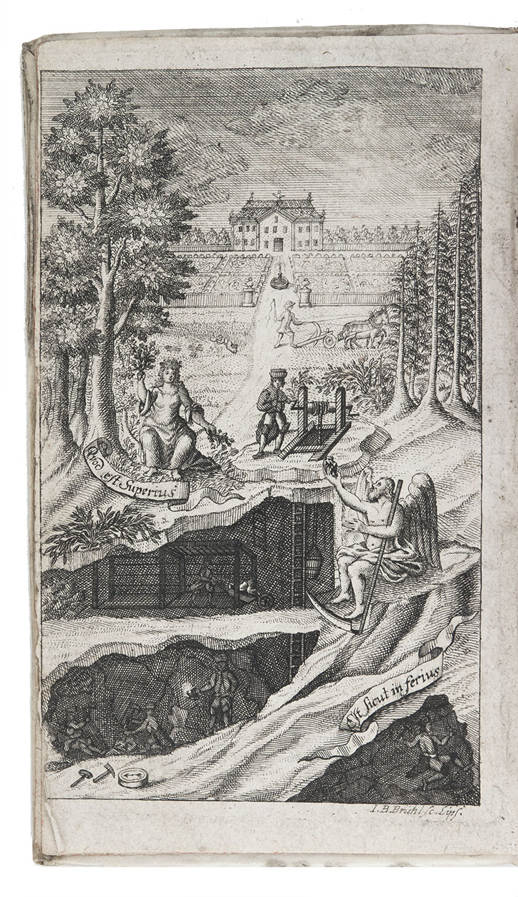 HENCKEL (HENKEL), Johann Friedrich. - Flora saturnizans, die Verwandtschafft des Pflanzen mit dem Mineral-Reich, nach der Natural-Historie und Chymie aus vielen Anmerckungen und Proben Leipzig, Johann Christian Martini, 1722. 8vo. With engraved frontispiece showing a mining operation, and 9 engraved plates. 18th-century vellum.