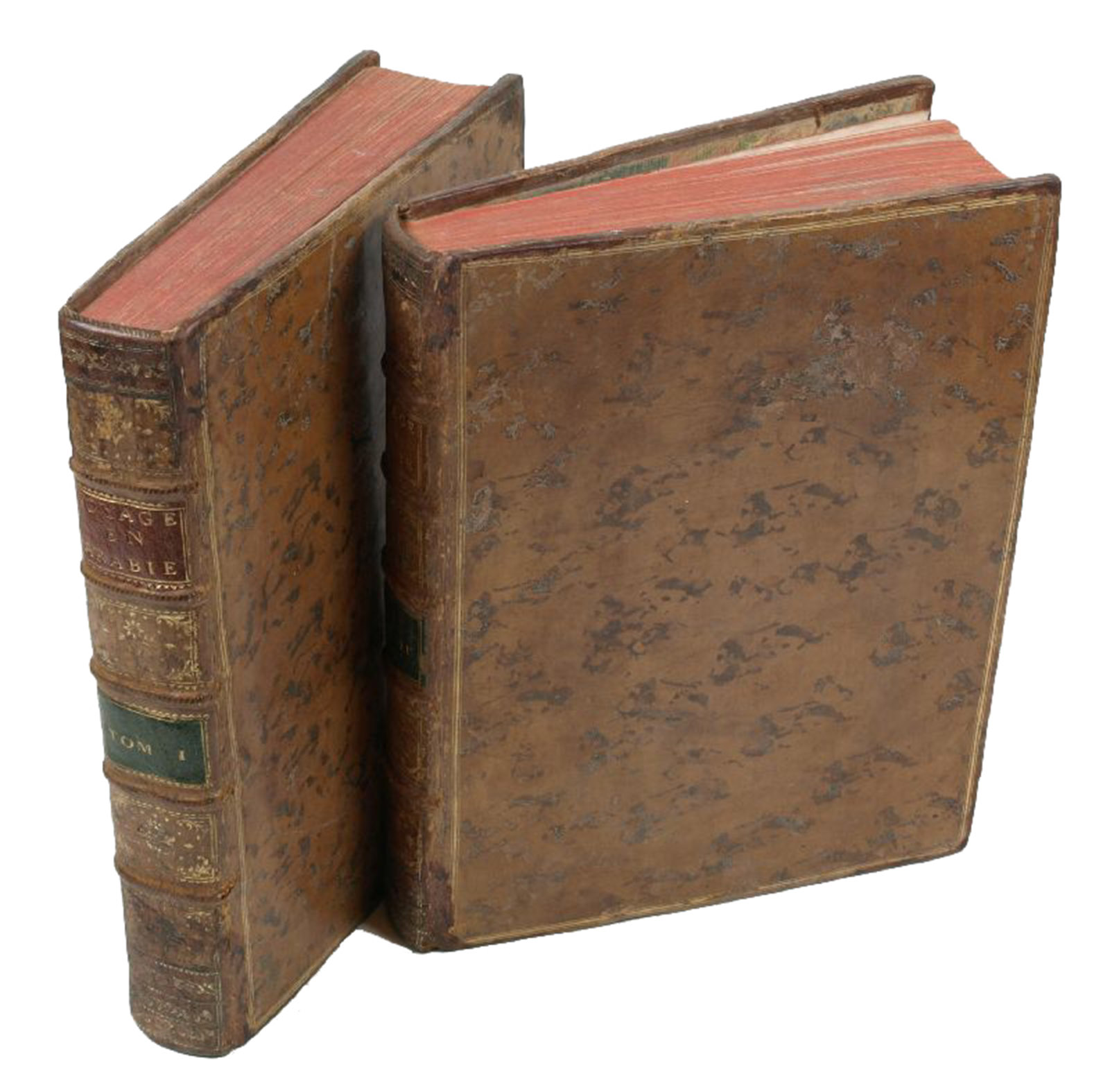 NIEBUHR, Carsten. - Voyage en Arabie & en d'autres pays circonvoisins. Tome premier[- second]. Traduit de l'Allemand.Amsterdam, Steven Jacobus Baalde; Utrecht, Barthelemy Wild (colophon: printed by Joh. Jos. Besseling, Utrecht, 1775), 1775-1780.  2 volumes. 4to. With 2 engraved integral title-pages, 124 engraved plates (many folding) and a folding map of Yemen (in partial colour).  Contemporary gold-tooled calf.