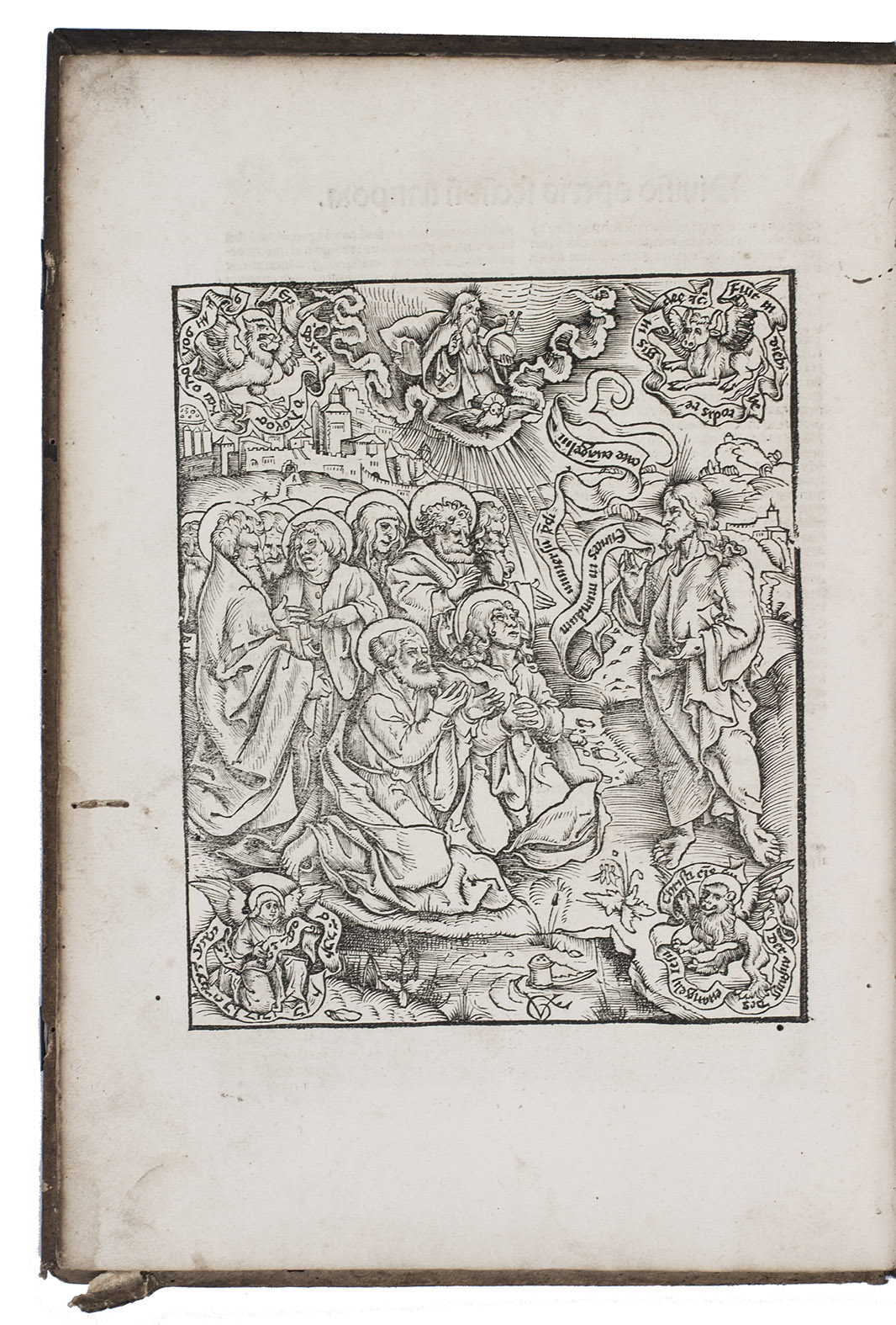 PETRUS DE NATALIBUS. - Catalogus sanctorum & gestorum eorum ex diversis voluminibus collectus: ... (Colophon: Strasbourg, printed by Martin Flach, 1513). Folio (22.2 x 32 cm). Title-page with a woodcut decorated initial and a 4-piece woodcut border by Hans Wechtlin, 1 full-page woodcut by Urs Graf, hundreds of woodcut decorated uncial initials. Set mostly in rotunda gothic types. Contemporary blind-tooled pigskin over wooden boards, in a panel design, with 2 brass clasps on leather straps with brass catchplates and anchorplates.