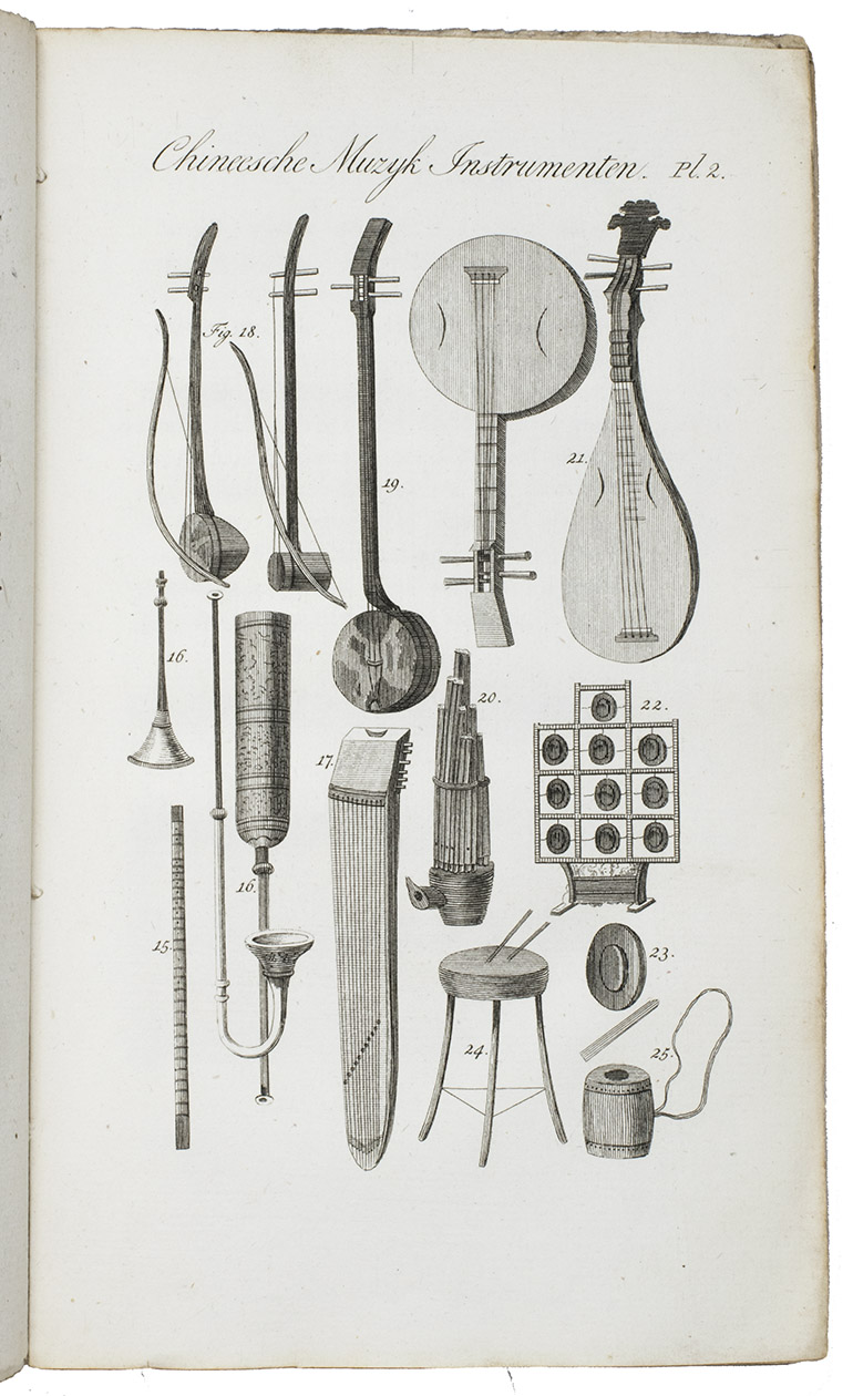 BARROW, John. - Reizen in China, ...Haarlem, Franois Bohn, 1807-1809. 3 volumes. 8vo. With 10 engraved plates (6 folding, 1 double-page), the double-page plate with 2 portraits hand-coloured, 4 leaves with engraved music, and several woodcut and engraved illustrations in the text. Original publisher's boards.
