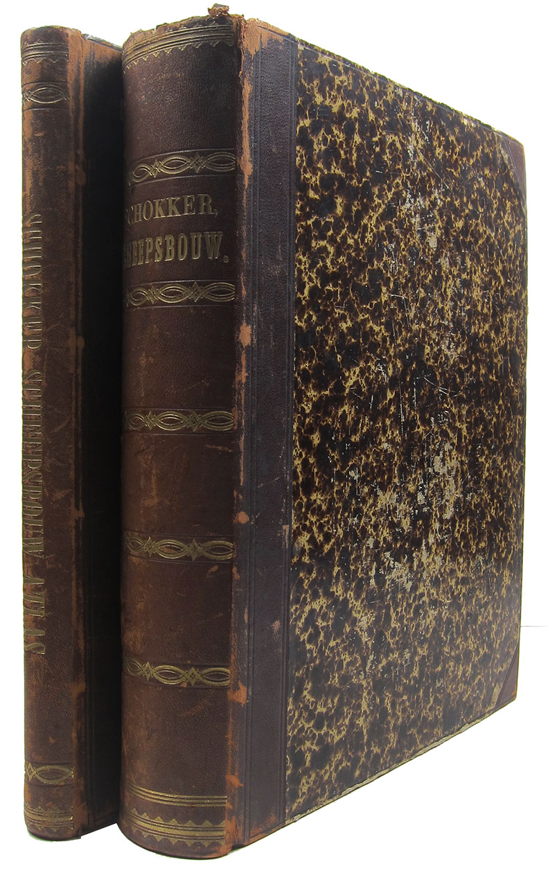SCHOKKER, H.W. [and John W. GRIFFITHS]. - Handboek voor de kennis van den scheepsbouw, voornamelijk met het oog op het Amerikaansche stelsel, naar de geschriften van John W. Griffiths en andere bronnen, ... Met eenen atlas van 60 [=69] platen. Amsterdam, Kraay brothers, 1861. 2 volumes. Large 4to (32 x 25 cm). With a chromolithographed view of the ship Nightingale as frontispiece, 2 folding tables, and 8 white on black lithographed illustrations and numerous tables in text. Further with 69 white on black lithographed plates (numbered as 60: I-LX) in the atlas volume, lithographed by Emrik & Binger, Haarlem. Contemporary half morocco, gold-tooled spine.