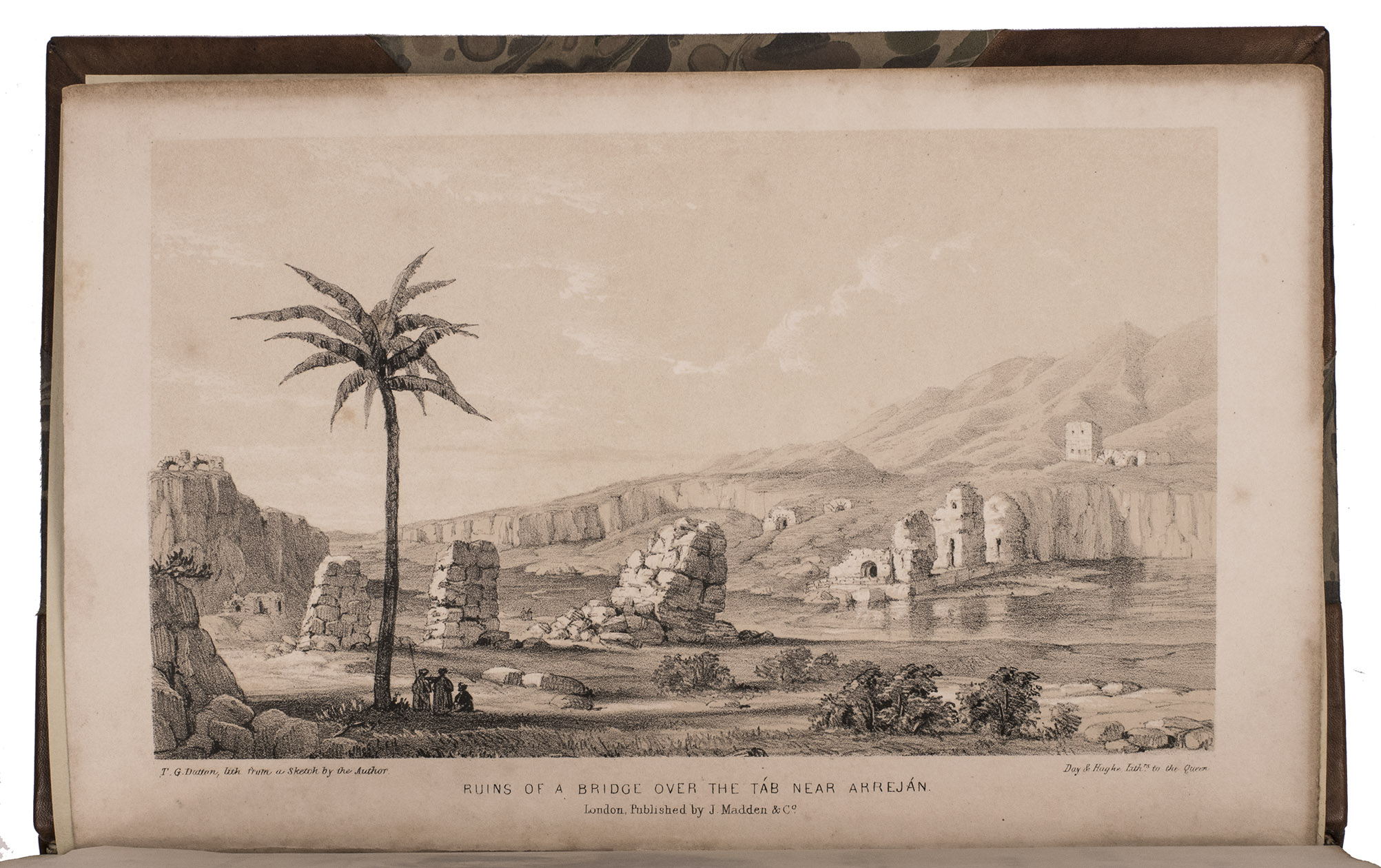 BODE, Clement Augustus de. - Travels in Luristan and Arabistan.Including: BODE, Clement Augustus de. Observations on the march of Timur ... and on the probable course pursued by Alexander the Great, on his expedition from Susa to Persepolis.London, J. Madden and Co., 1845. 2 volumes. 8vo. With a wood-engraved illustration on the title-page to each volume, 15 plates, 2 folding engraved maps and 3 wood-engraved illustrations in text. The 15 plates (4 tinted lithographs and 11 wood engravings) consists of 2 frontispieces, a folding plate, a double-page plate and 11 single-page plates. Modern half calf, marbled (Period Binders, Bath, England).