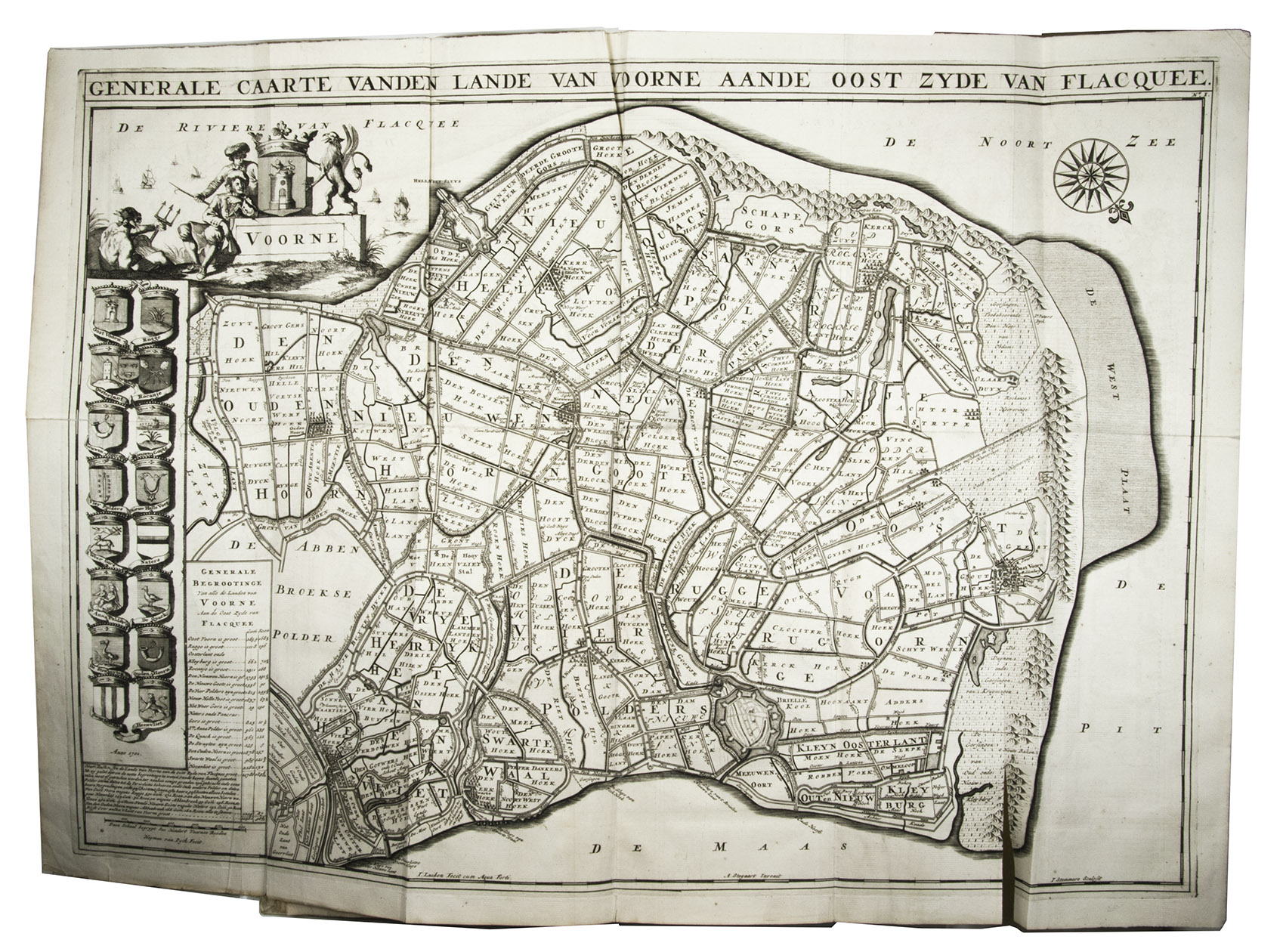 ALKEMADE, Cornelis van and Pieter van der SCHELLING. - Beschryving van de stad Briele, en den lande van Voorn, Rotterdam, Philippus Losel, 1729. 2 parts in 1 volume. Folio. With a double-page engraved plan of Den Briel and 3 folding engraved maps of different parts of Voorne (each ca. 50 x 70.5 cm). Contemporary blind-tooled vellum.