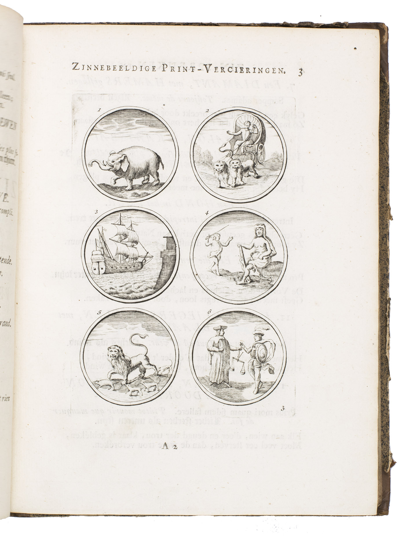 BURG, Hermanus van den. - Verzmeling van uitgekrene zin-spreuken, en zinnebeeldige print-vercieringen, eertyds, op bevel van den aller doorlugtigsten Keizer der Russen, Peter Alexis, of de Grte, getkent en gesnden  Haarlem, Johannes Marshoorn, 1743. 4to. With engraved frontispiece, with Tsar Peter the Great's medallion portrait surrounded by 8 emblems, and 840 emblems on 140 engraved plates, the facing pages to the left with captions in Dutch, short proverbial phrases in Latin, French and German, and two-line verses in Dutch by Van den Burg. Contemporary half calf.