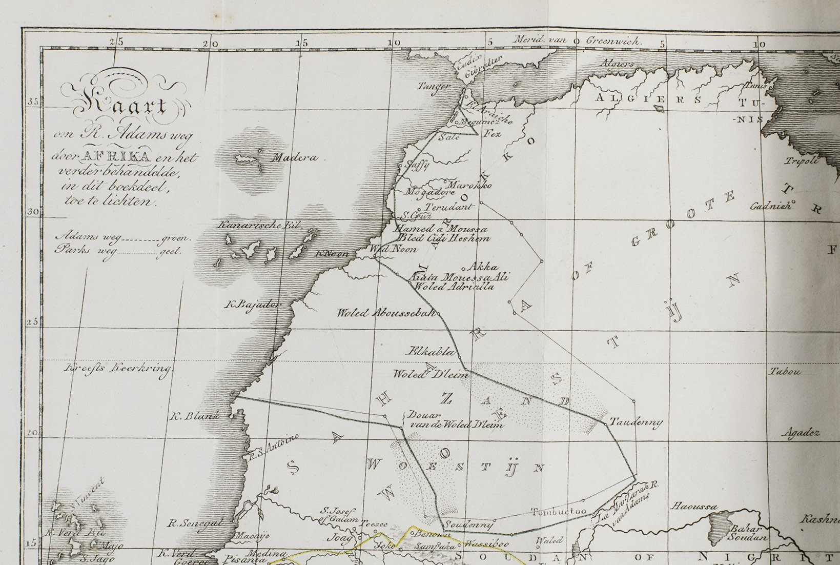 [ADAMS, Robert (= Benjamin ROSE)]. - Jongste en echte berigten betrekkelijk Tombuctoo en eenige andere nog onbezochte deelen der binnenlanden van Afrika.Amsterdam, J.C. Sepp en Zoon, 1818. 8vo. With a folding engraved map (30.5 x 37.5 cm) of North Africa with the routes of Mungo Park and Robert Adams highlighted in colour. Contemporary boards.
