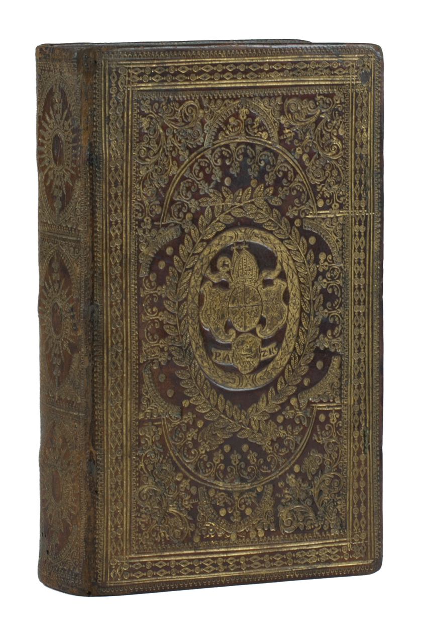 HAEFTEN, Benedictus van. - Regia via crucis. Antwerp, Balthasar Moretus (Officina Plantiniana), 1635. 8vo (18 x 11.5 x 4 cm). With engraved title-page showing Christ, Saint Teresa of Avila and 2 unidentified men and 38 full-page emblematic engravings. Richly gold-tooled calf (ca. 1665), each board with the arms of (apparently) Abbot Placidus Buechauer (1611-1669) of Kremsmnster, gilt and elaborately gauffered edges.