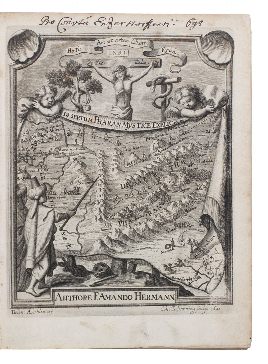 HERMANN, Amand. - Desertum Pharan mystice explicatum, cum quadraginta duabus in eo mansionibus filiorum Isrl ad Palaestinam pergentium: . . . Kalisz, printed by the college of the Society of Jesus, 1685. 4to. With an engraved frontispiece, showing a map of the Holy Land and the route of the Exodus with the 42 stations numbered. Contemporary overlapping vellum.