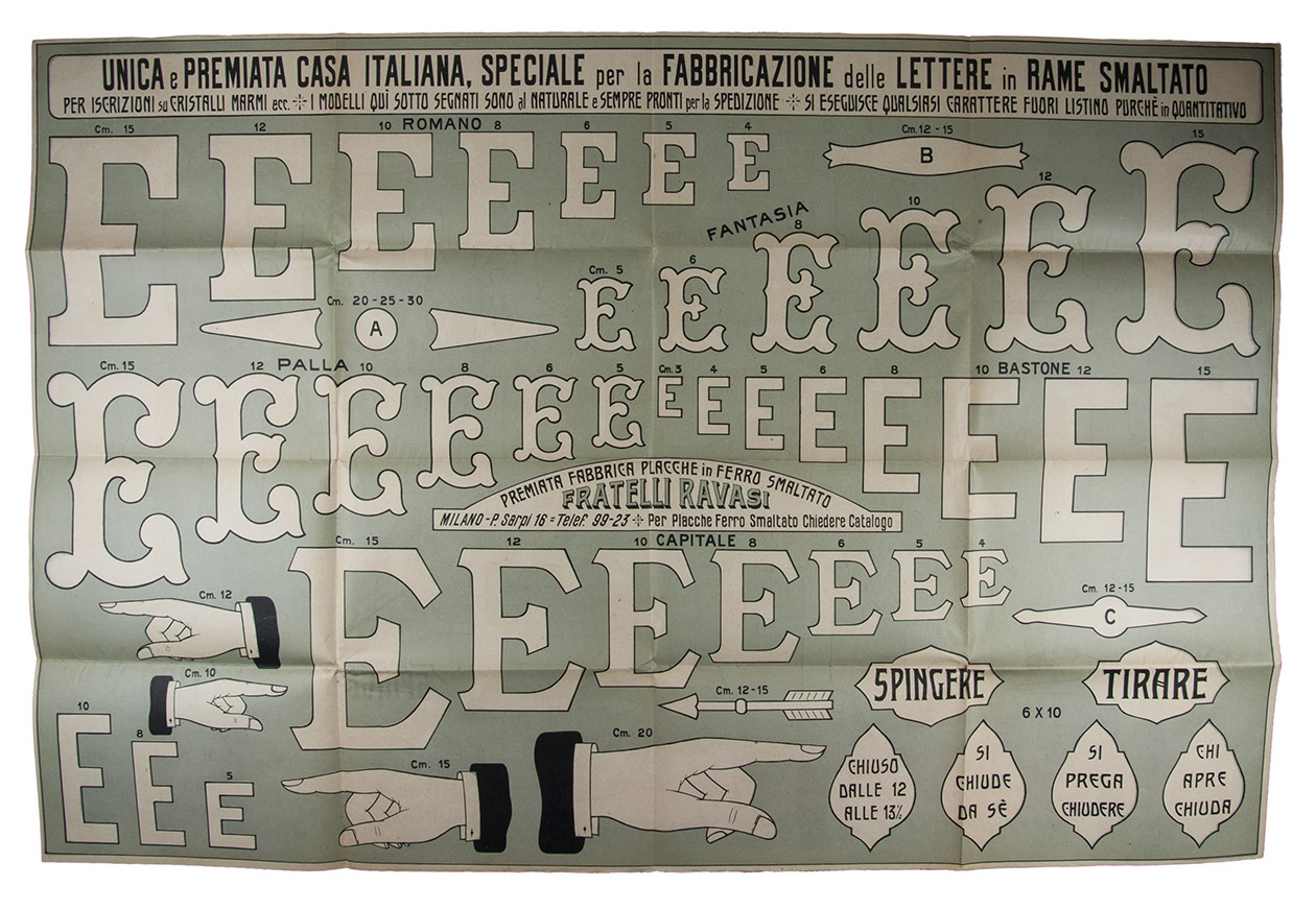 RAVASI, Fratelli. - Catalogo 1913 ... Placche ferro smaltato e lettere rame ... Milan, Ravasi brothers (colophon: Stabilimento Grafico Matarelli), 1913. Oblong 8vo (16.5 x 24 cm). With very large, loosely inserted, oblong folding tinted lithographed poster (61 x 90.5 cm), showing types and other decorations in full size in black and white on a green-grey background, and 100 numbered half-tone illustrations in text. Also with a tipped in circular letter on pink paper introducing the catalogue, by Luigi and Giovanni Ravasi. Stapled in publisher's gray paper wrappers, printed in blue.