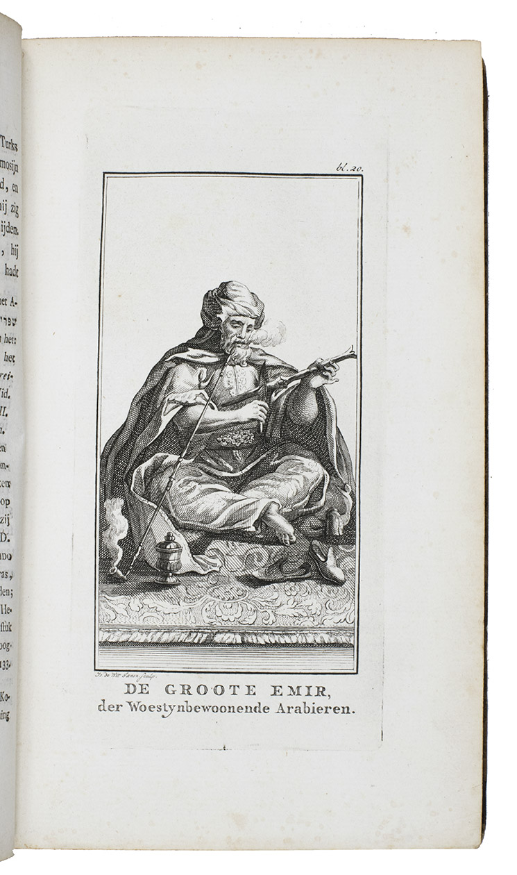 ARVIEUX, Laurent d'; Gerard KUIPERS (transl.). - Reis naar de legerplaats van den grooten Emir, en beschrijving, van de zeeden en gewoonten, der woestyn-bewoonende Arabieren  Uit het Fransch vertaald en met aanteekeningen vermeerderd door G. Kuipers ...Utrecht, Henricus van Otterloo, 1780. 8vo. With engraved title-page with a vignette by De Vries (a female figure reading from H[eilige] Schriftuur (Holy Scripture) with 4 putti and in the background a desert scene with tents, camels and dozens of mostly dark-skinned people, apparently representing nomads), 3 full-page engraved plates by Izaak de Wit Jansz., an engraved half-page illustration (unsigned), headpieces built up from rococo typographic ornaments and woodcut tailpieces. Contemporary half tree calf, gold-tooled spine with red morocco label, shell-marbled sides.