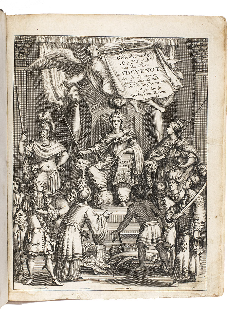 THVENOT, Melchisedec Jean-Baptiste. - Alle de gedenkwaardige en zeer naauwkeurige reizen ; mitsgaders de voornaamster byzonderheden van d'Archipel, Konstantinopolen, 't Heilige Land, Egypten, de woestynen van Arabie, Mekka  Amsterdam, Gerrit Bos, 1731. 4to. With engraved title-page, standing portrait of the author in Eastern garb, 19 engraved plates (including 2 folding) drawn, etched and engraved by Jan Luyken. 18th-century half calf, sprinkled-paper sides, refurbished in the 19th century and with a 20th-century spine label.