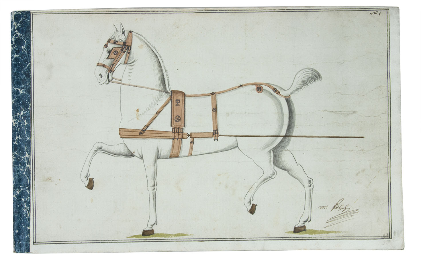 [CARRIAGE HORSE TACK]. FLSCH, Michael. - [Sample book of harness designs and other elaborate and decorative carriage horse tack].[Vienna, ca. 1790?]. 2 volumes. Oblong small folio (23.5 x 37 cm and 25.5 x 39.5 cm). With 67 pen-and-ink, watercolour and gouache drawings of horses, most highlighted with silver and gold , all signed, most trimmed and mounted on blank leaves ca. 1805. With 2 etchings added at the end of volume 1, executed by Friedrich Leopold Brde and dated 1812. Volume 1 stab-sewn, volume 2 with the leaves mounted on stubs and sewn through the folds, each with marbled paper wrapped around the spine. In an early 19th-century half tanned sheepskin box in the form of a book, metal hook-clasps.