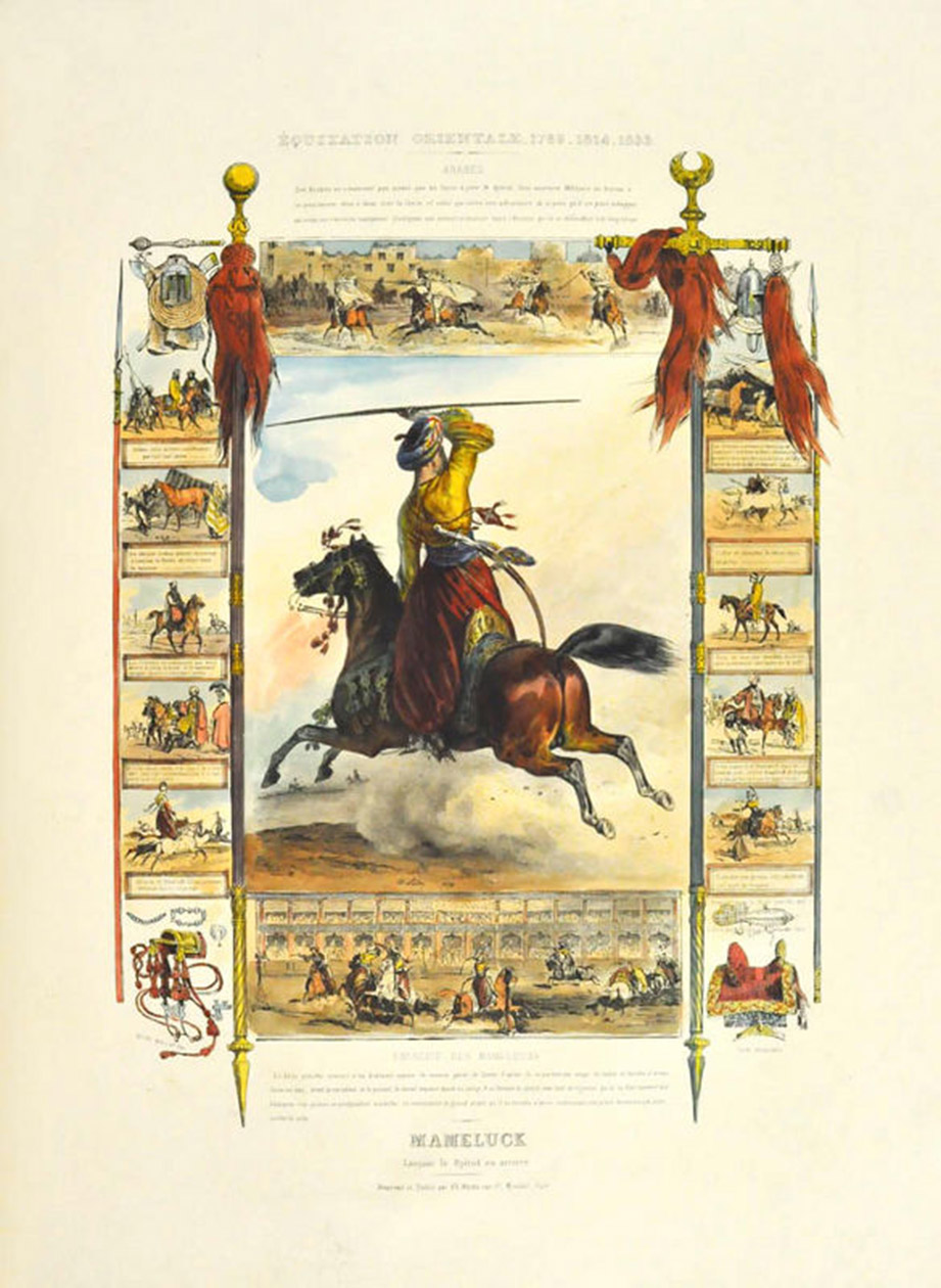 AUBRY, Charles. - Histoire pittoresque de l'equitation ancienne et moderne.Paris, Motte, 1833-1834. 2 parts in 1 volume. Folio (55 x 40 cm). With engraved title-page printed in red and black, list of plates, 24 hand-coloured lithographs. Contemporary French red half roan with his stamp at the spine foot, flat spine lettered and tooled in gilt, marbled boards and endpapers (MESLANT).