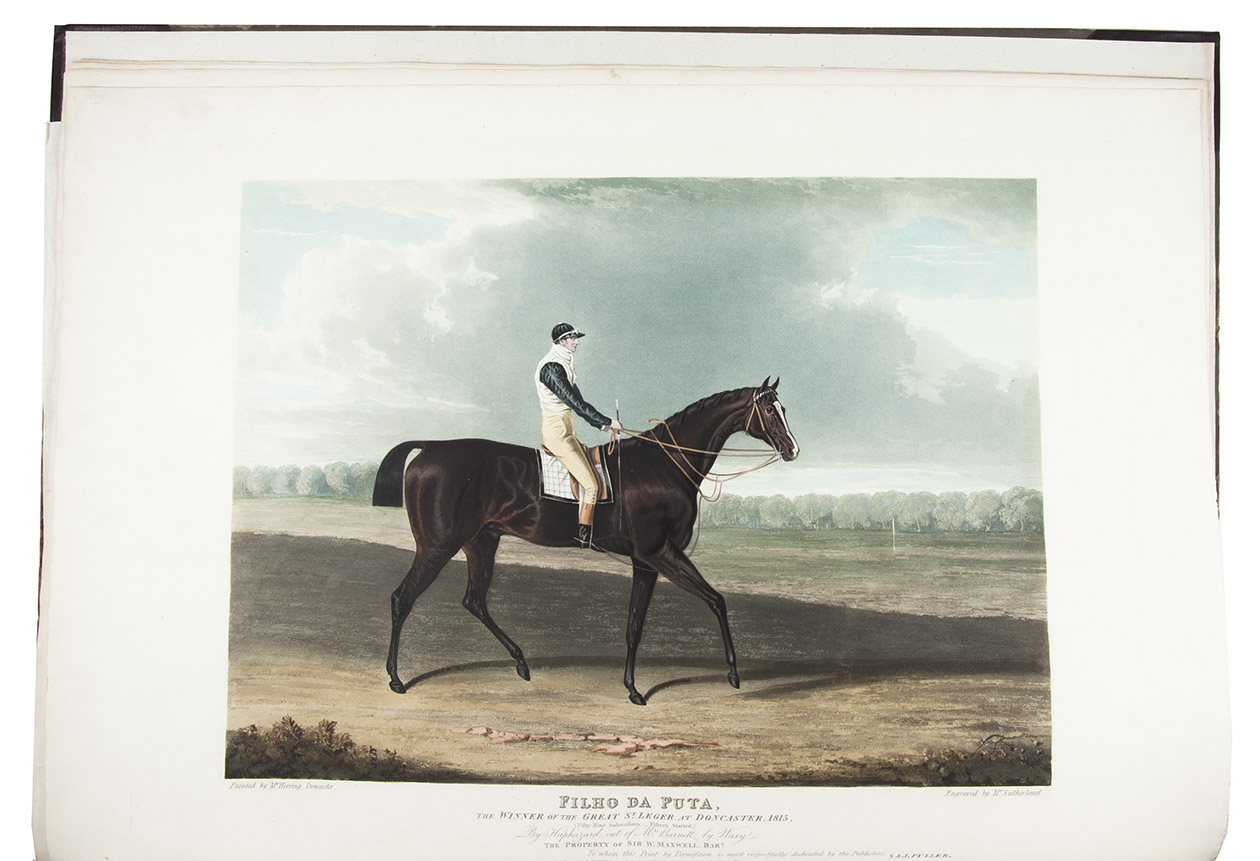 HERRING, John Frederick, Sr. - Portraits of the winning horses of the Great St. Leger Stakes, at Doncaster, from the year 1815 to the present year inclusive. London, S. and J. Fuller (printed by L. Harrison), [1828]. Imperial folio (6042 cm). With engraved vignette on the letterpress title-page, 14 hand-coloured aquatint plates by T. Sutherland and R. G. Reeve after Herring, each with information on a separate letterpress leaf. Contemporary plain boards with publisher's printed label wrapper-title on front board (rebacked with burgundy half morocco and matching corners).