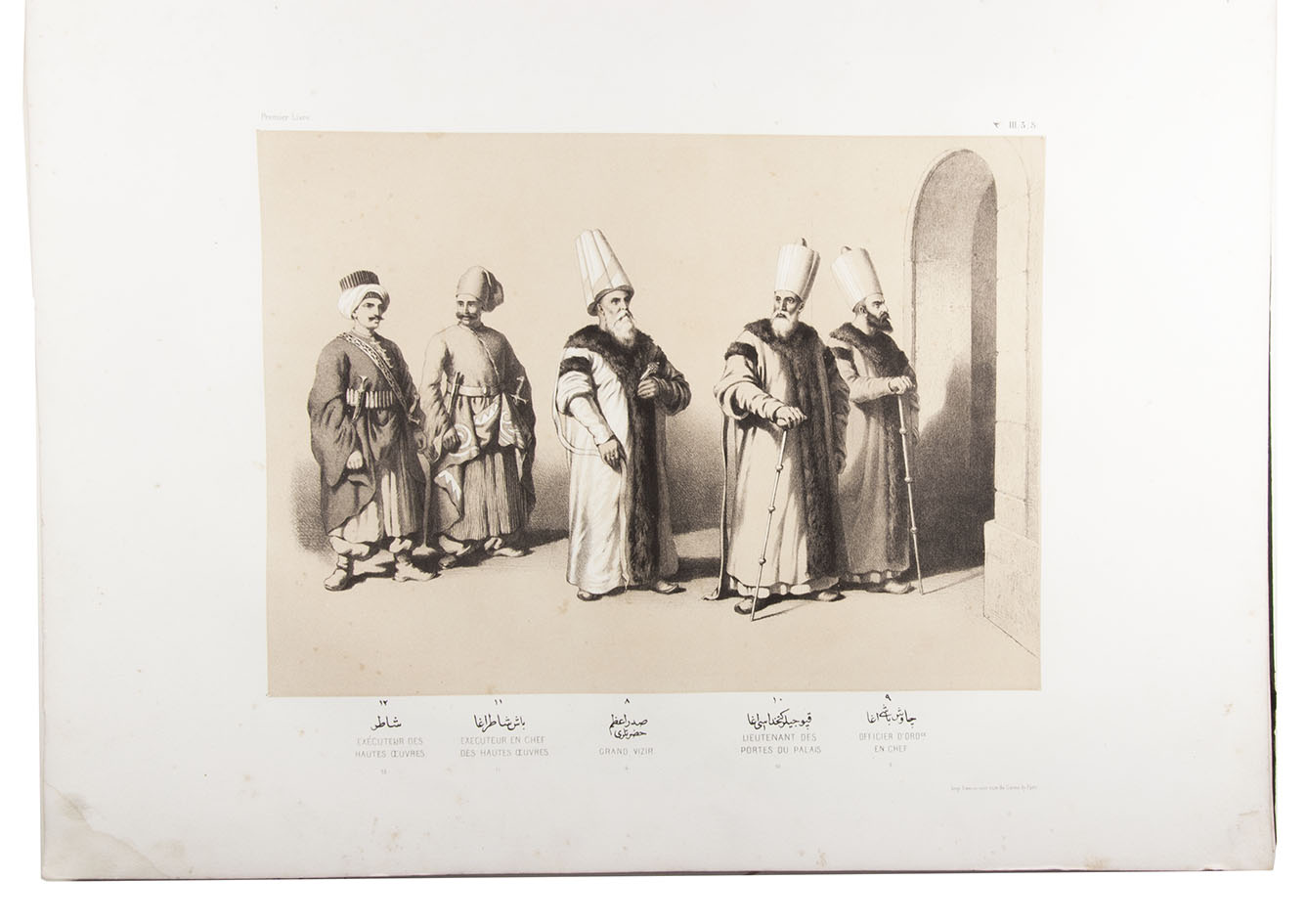 [ARIF PACHA, Muchir]. - [Les anciens costumes de l'empire Ottoman, depuis l'origine de la monarchie jusqu'a la reforme du Sultan Mahmoud. Volume I = all published]. [Paris, Lemercier, 1863]. 1mo (54.5 x 40 cm). With lithographic portrait of Arif Pacha, drawn on stone by M. Julien, printed on India paper, cut in an oval and mounted on a leaf of stiff paper, with caption and imprint lithographed directly on the leaf, 16 tinted lithographic plates after Arif Pacha (image size 24.5 x 34 cm). Lacking lithographed title-page. Contemporary black half morocco.