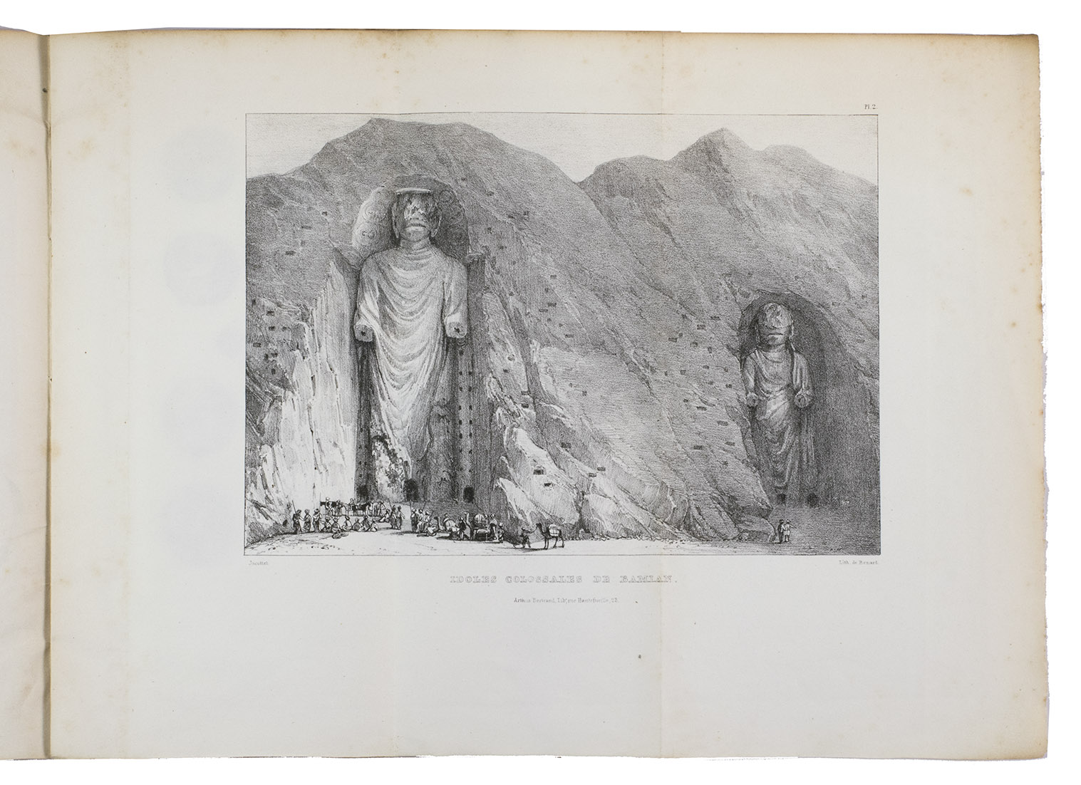 BURNES, Alexander. - Voyages de l'embouchure de l'Indus a Lahor, Caboul, Balkh et a Boukhara; et retour par la Perse, pendant les annes 1831, 1832 et 1833 ... Atlas. Paris, Arthus Bertrand (colophon on back wrapper: Imprimerie et Fonderie de Fain), [1835]. 3 text volumes and 1 atlas volume. 8vo. With 11 numbered lithographed plates (1 folding) showing costumes of the regions, medals and engraved stones, topographic views, archaeological sites, etc., and a large folding engraved map with the routes hand-coloured in red and orange. Contemporary gold-tooled half sheepskin (text volumes), original publisher's letterpress-printed brown paper wrappers (atlas volume).