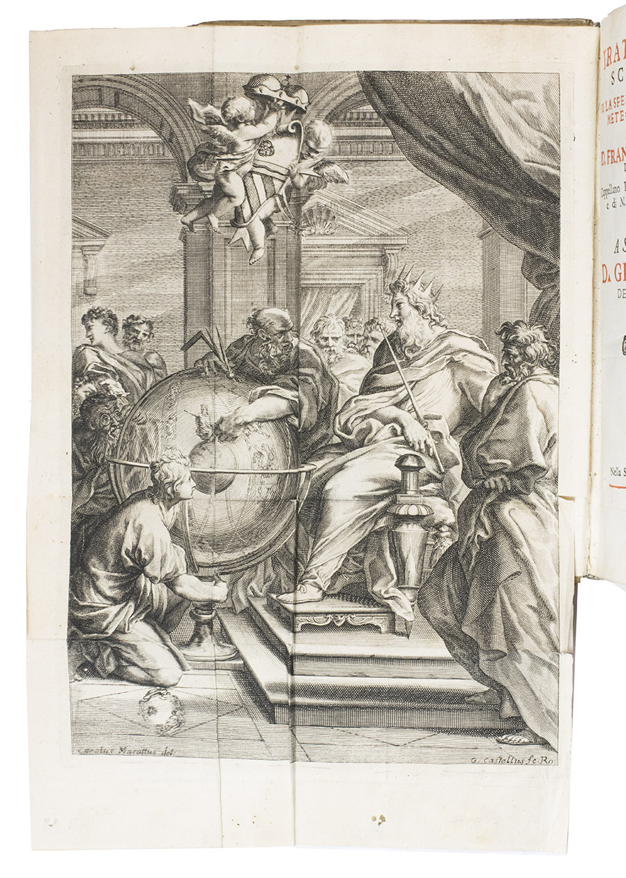 BRUNETTI, Francesco Saverio. - Trattenimenti scientifici su la sfera, geografia istorica, meteore, ed astronomia.Rome, Bernabò and Lazzarini, 1754. With several woodcut illustrations in the text (including an armillary sphere), and an extra added folding engraved frontispiece.With:(2) BRUNETTI, Francesco Saverio. Trattenimenti scientifici su l’indrografia, nautica, blasone, statica, meccanica, architectura, pirotecnia, e suono.Roma, Bernabò and Lazzarini, 1755. With several woodcut illustrations in the text, and an extra added frontispiece (facsimile of an engraving?).(3) BRUNETTI, Francesco Saverio. Macchina semplicissima per cui l’acqua da se stessa salice ad una data altezza.Rome, Bernabò and Lazzarini, 1747. With folding engraved plate as frontispiece. 3 works (the first in 2 parts) in 1 volume. 4to. Contemporary sheepskin parchment.