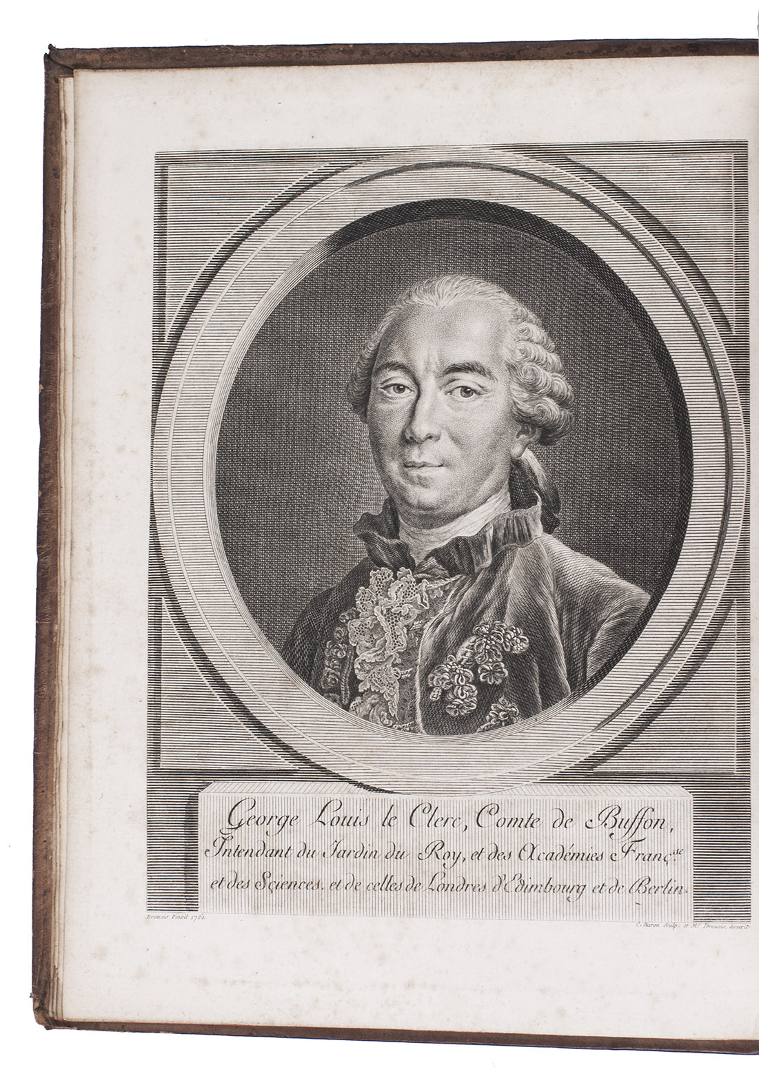 BUFFON, Georges Louis Leclerc. - Histoire naturelle, gnrale et particulire, avec la description du cabinet du Roi.Paris, Imprimerie Royale, 1749-1767. 15 volumes. 4to. With engraved frontispiece portrait of Buffon in volume 1 by C. Baron after Drouais dated 1761, an engraved vignette with the French royal arms repeated on each title-page, 19 engraved headpieces (with animals and putti), 2 folding maps (