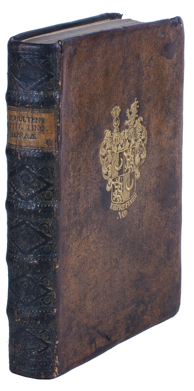 SCHULTENS, Albert. - Institutiones ad fundamenta lingu Hebr. Cluj-Napoca (Kolozsvr, Klausenburg), Sndor (Alexander) Szathmri Pap, 1743. 4to. Set in roman and italic types with extensive Hebrew, incidental fraktur, Greek (2 sizes) and Arabic, and one 3-letter word in Samaritan. Contemporary gold-tooled sprinkled tanned sheepskin, each board with the Diesbach Belleroche coat of arms, probably a son of Nicolas de Diesbach Belleroche (1668-1735) in Switzerland.